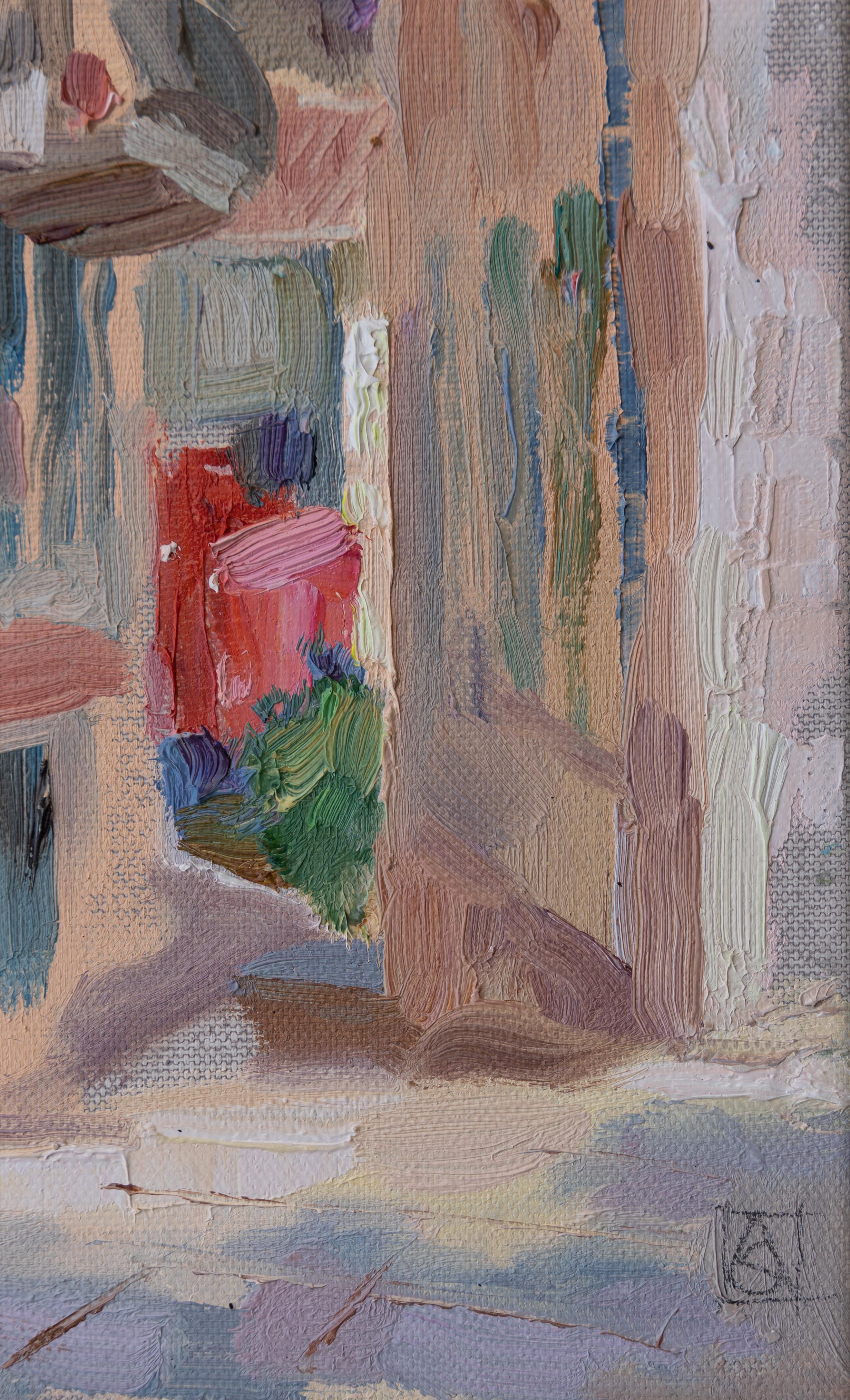 Old France. Vertical, landscape, town, oil painting, impressionism - Gray Landscape Painting by Anna Shesterikova