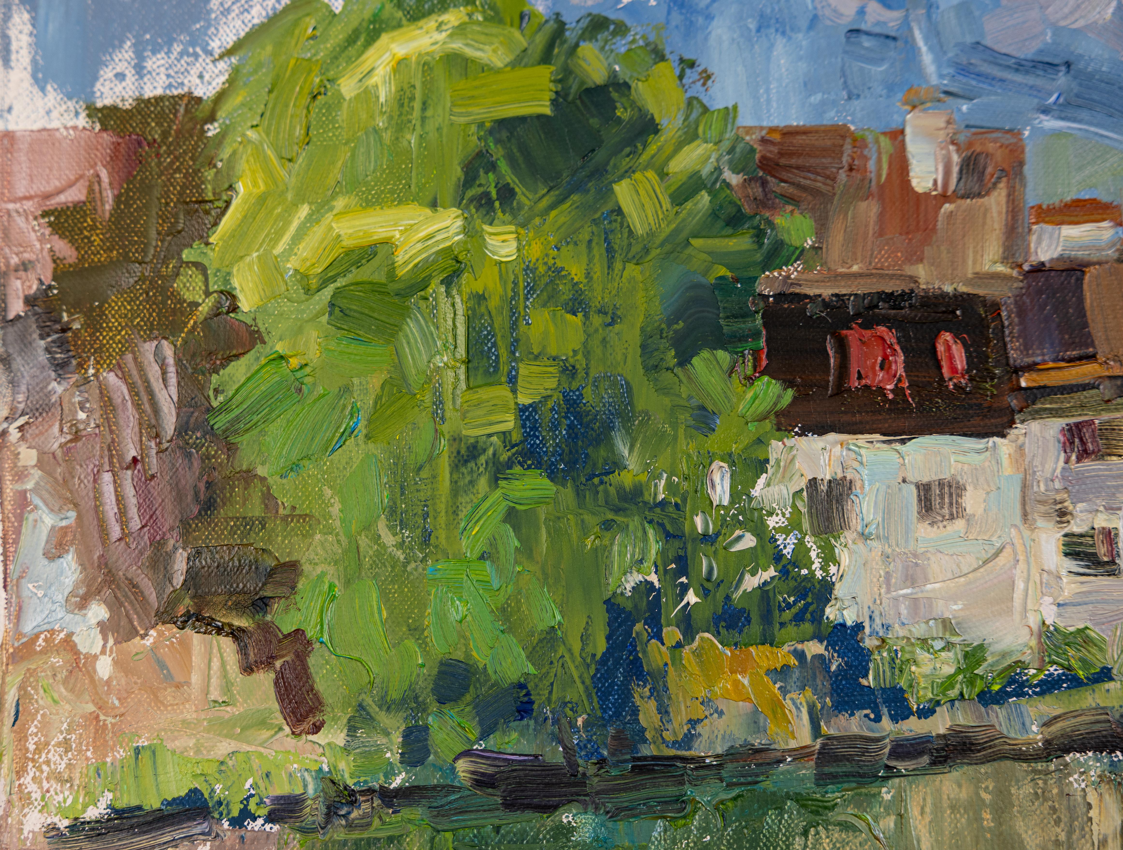 Old Town. Landscape in oil with lake, mountains and houses. Impressionism. For Sale 1