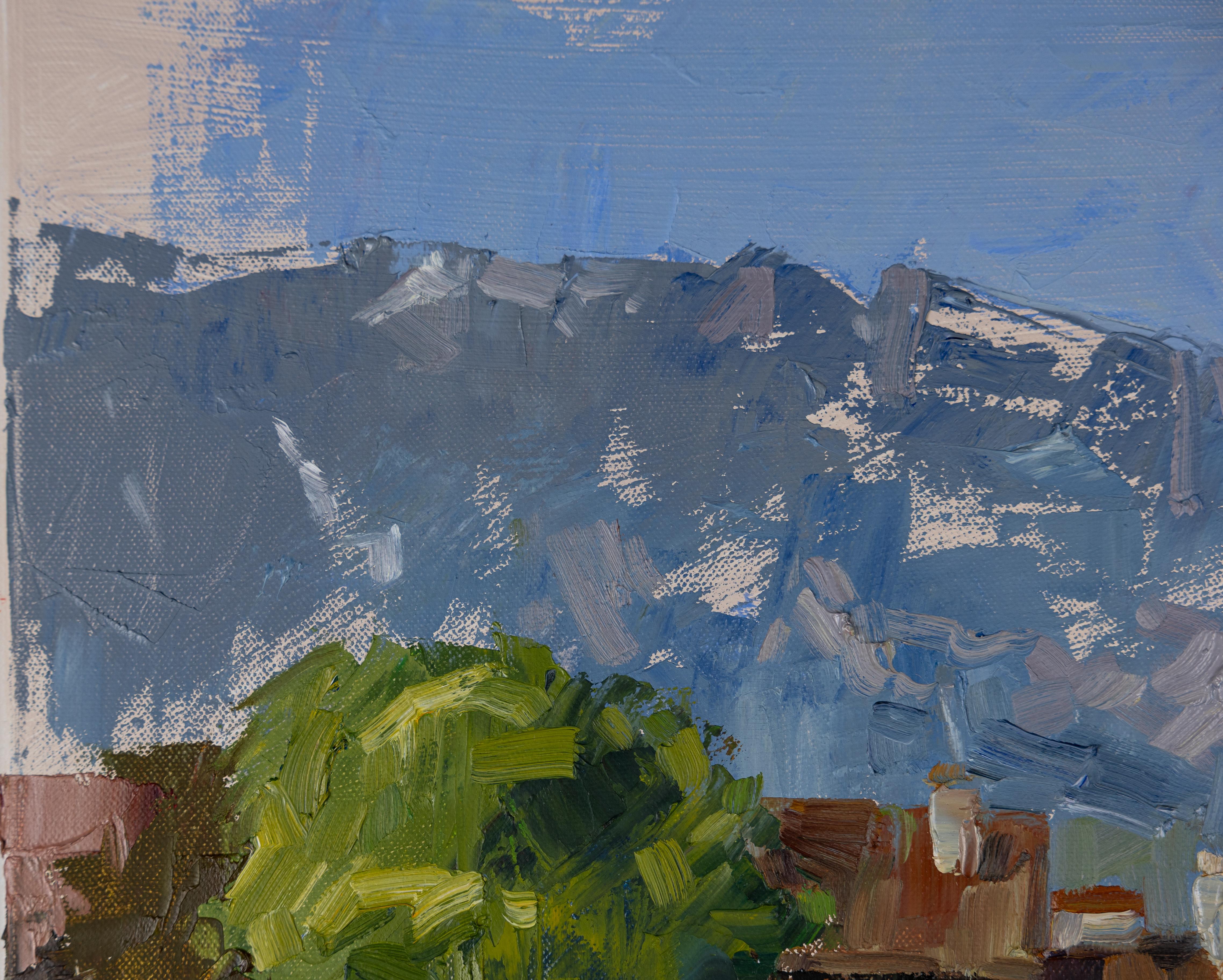 Old Town. Landscape in oil with lake, mountains and houses. Impressionism. For Sale 3