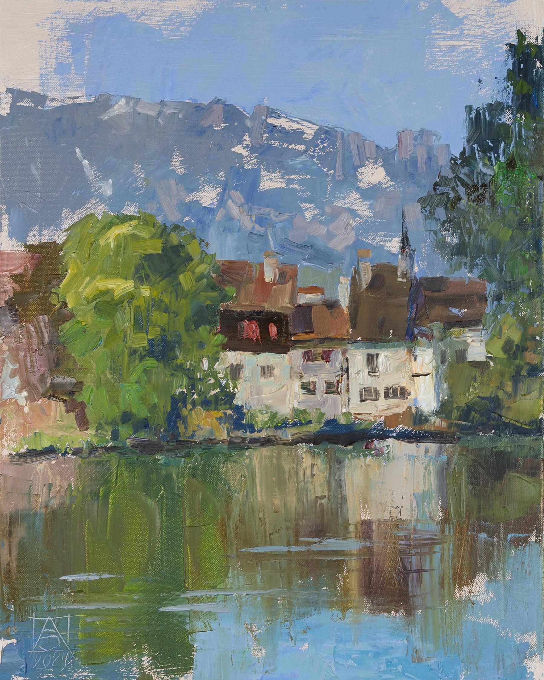 Anna Shesterikova Landscape Painting - Old Town. Landscape in oil with lake, mountains and houses. Impressionism.