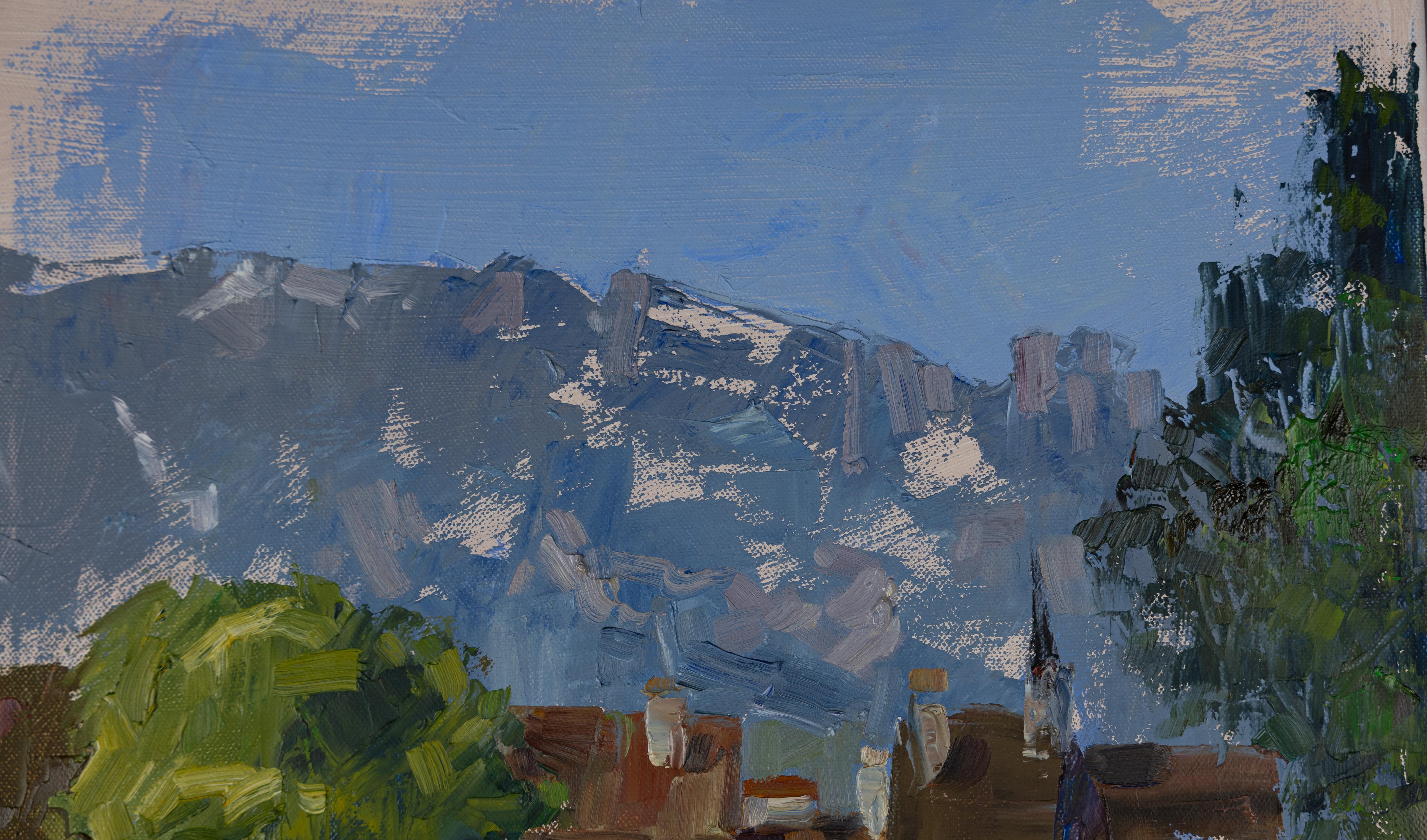 Città vecchia. Paesaggio ad olio, lago, montagne, case. Impressionismo, verticale, Svizzera in vendita 2