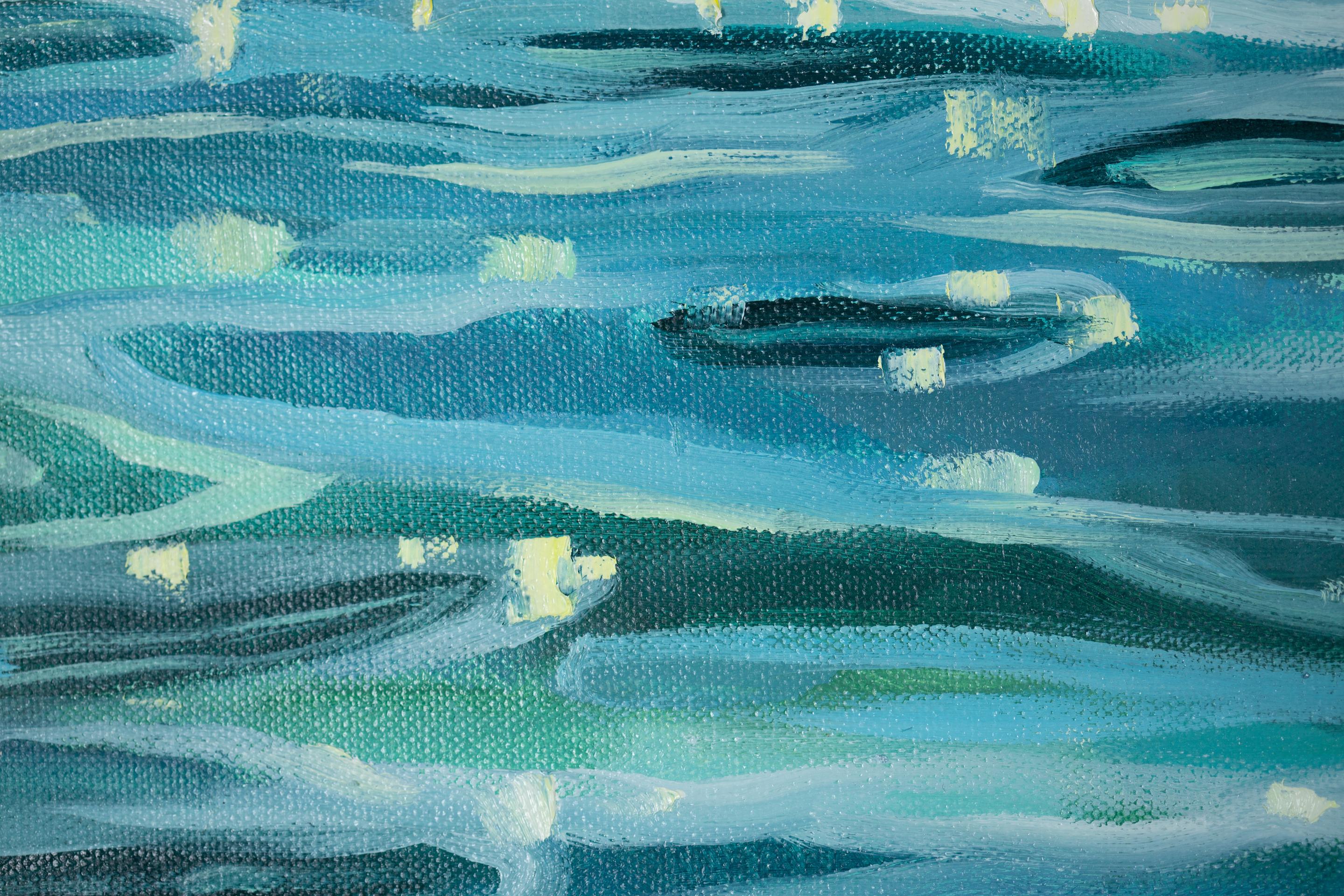An der Küste. Ölgemälde, horizontal, See, Kinder, türkis im Angebot 7