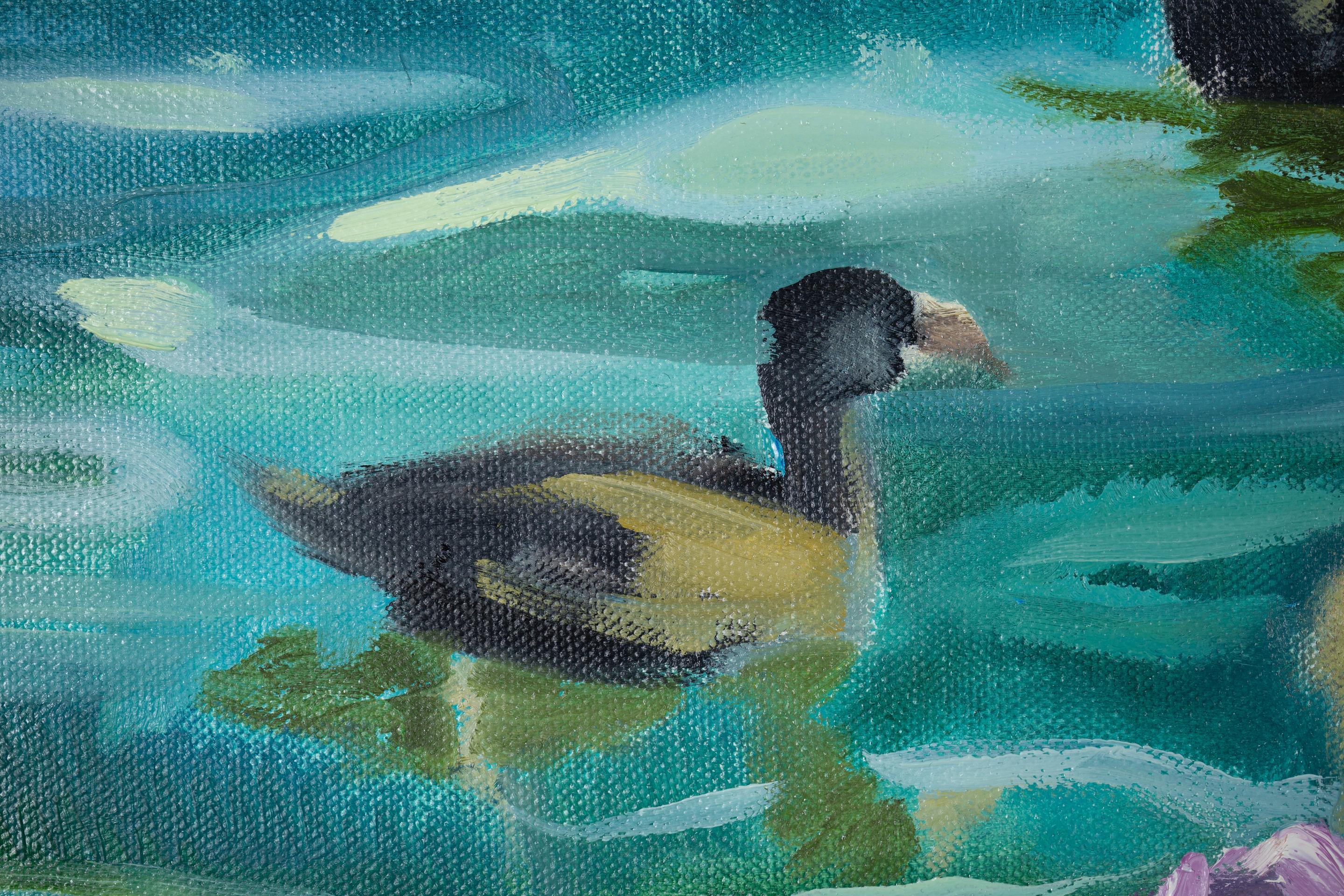 An der Küste. Ölgemälde, horizontal, See, Kinder, türkis im Angebot 2