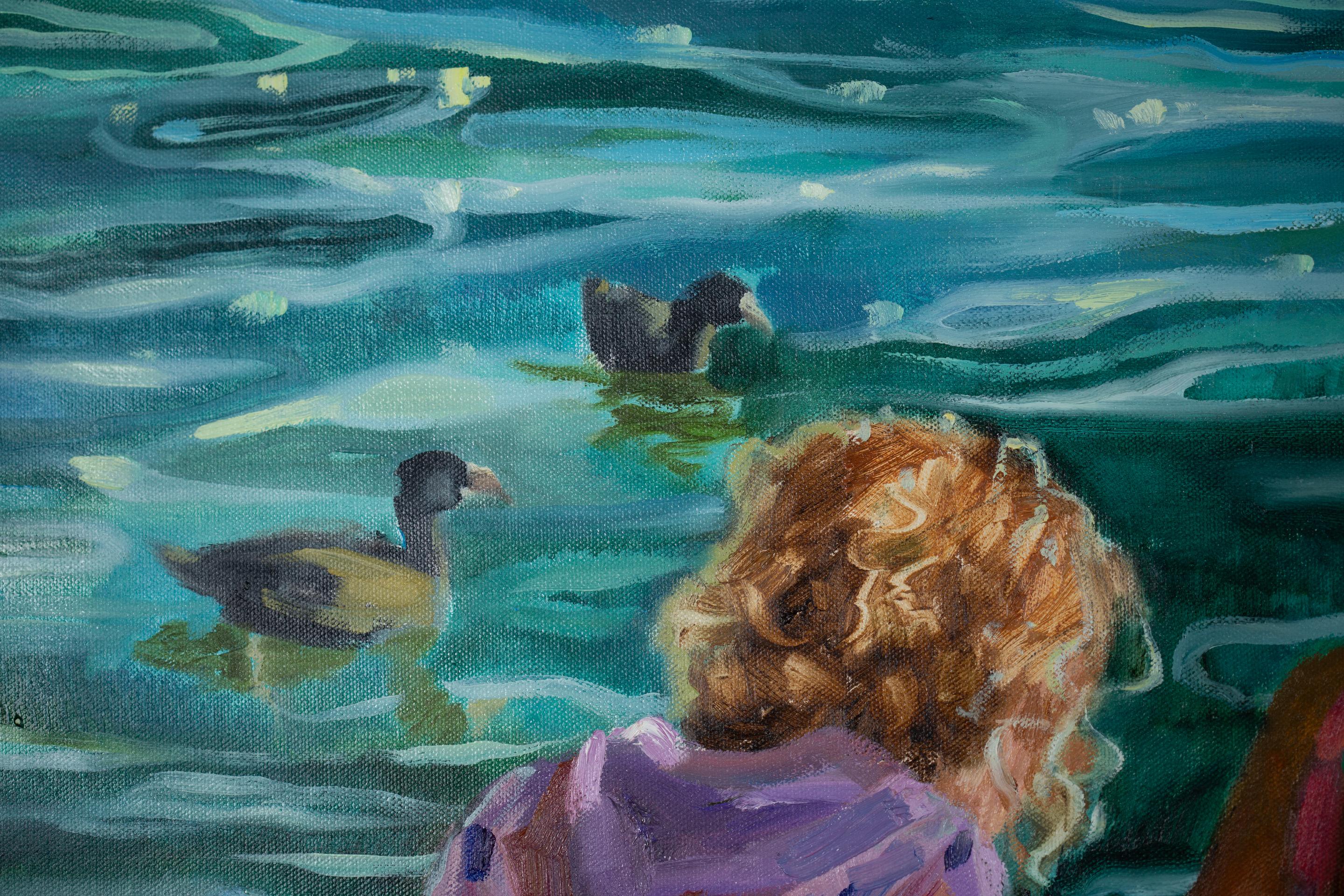 An der Küste. Ölgemälde, horizontal, See, Kinder, türkis im Angebot 4
