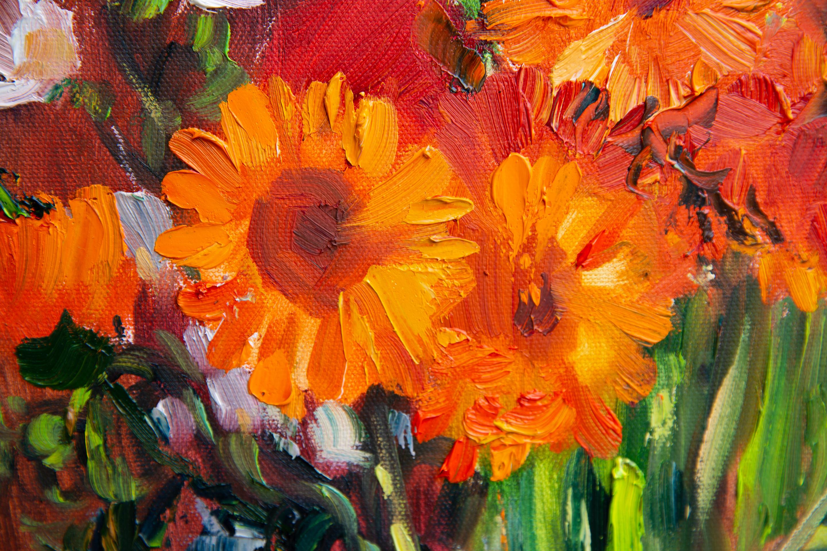 Stato d'animo arancione. Natura morta con fiori, verticale, pronta da appendere, artSgallery in vendita 5