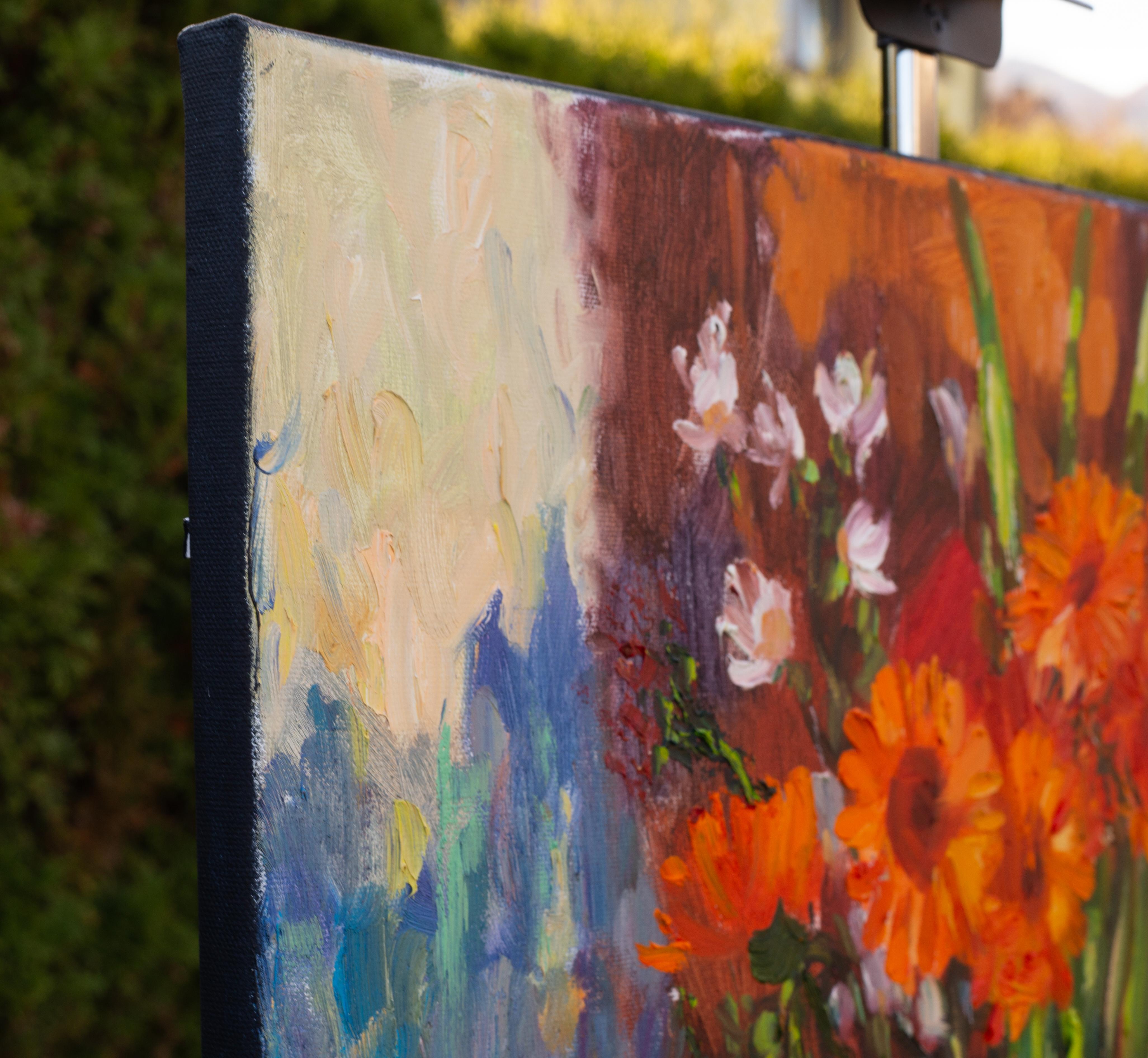 Stato d'animo arancione. Natura morta con fiori, verticale, pronta da appendere, artSgallery - Painting di Anna Shesterikova
