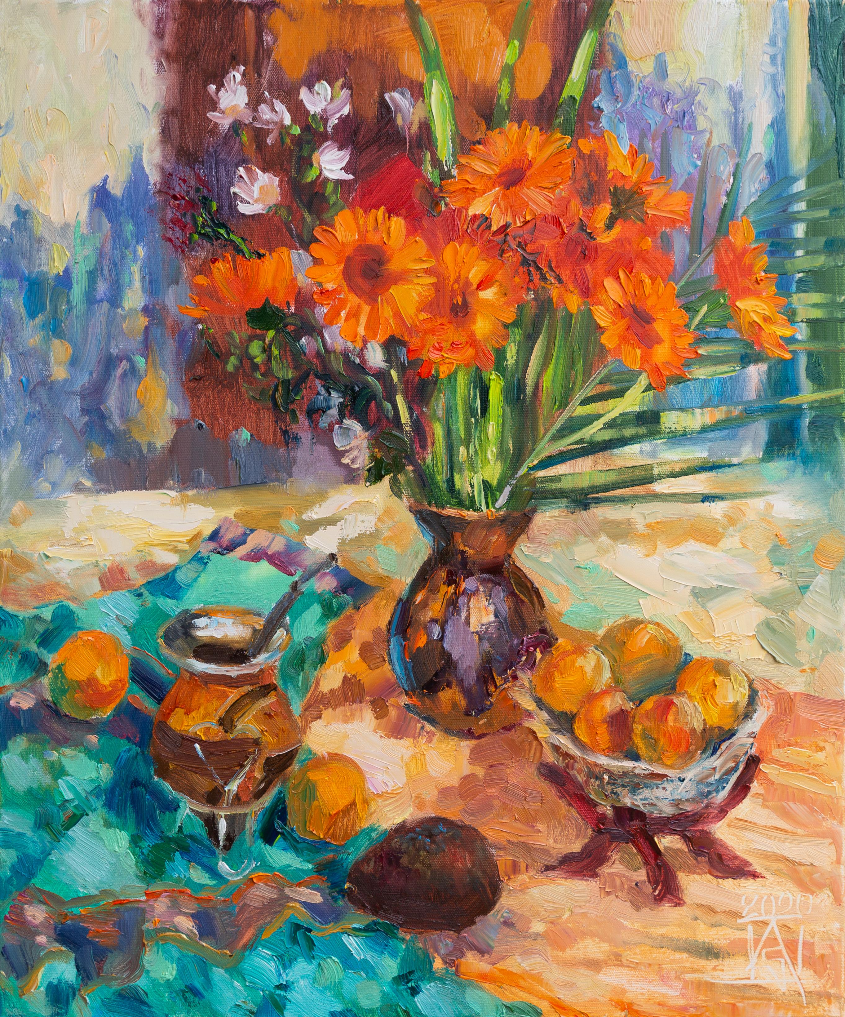 Still-Life Painting di Anna Shesterikova - Stato d'animo arancione. Natura morta con fiori, verticale, pronta da appendere, artSgallery