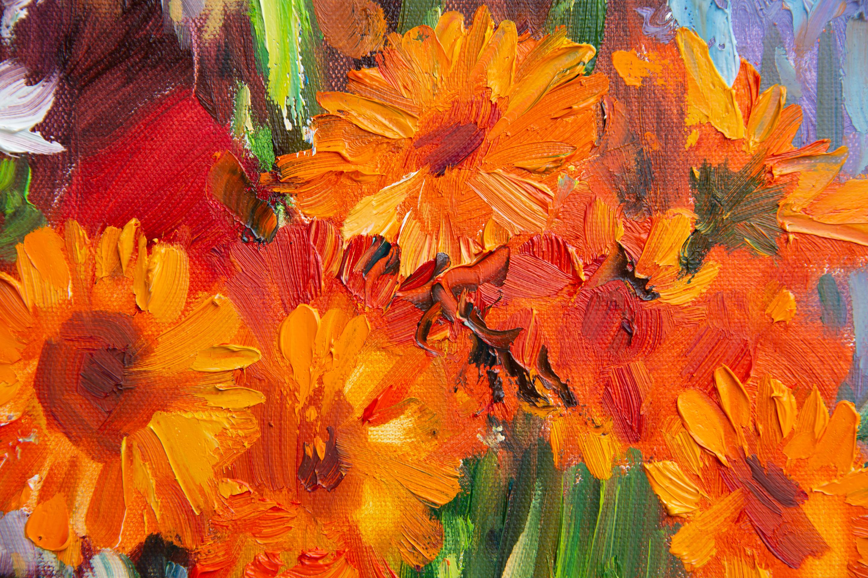 Orange mood. Still life with flowers, vertical, ready to hang, impressionistic For Sale 2