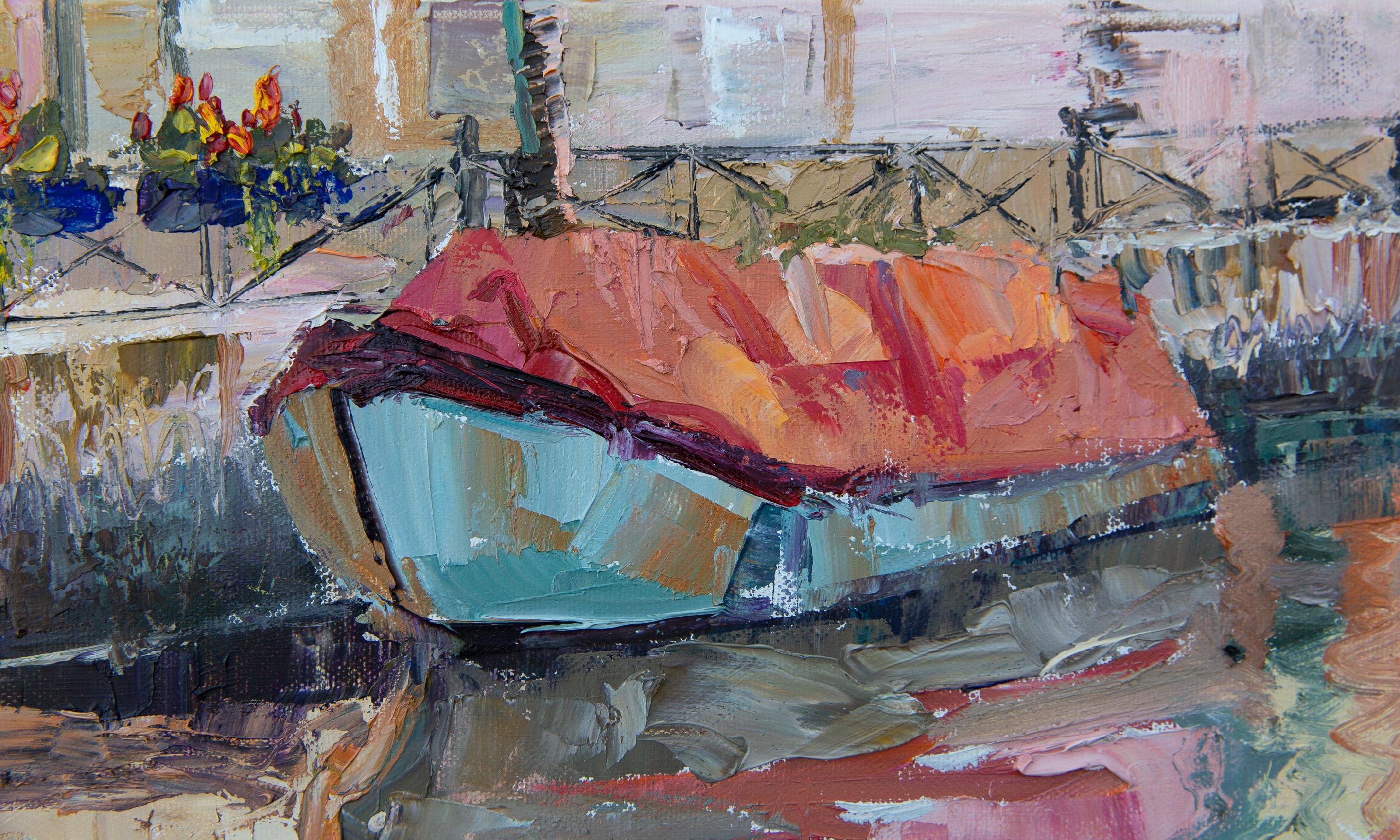 Riflesso arancione. Paesaggio orizzontale, impressionismo, Venezia, canale, barche. in vendita 6