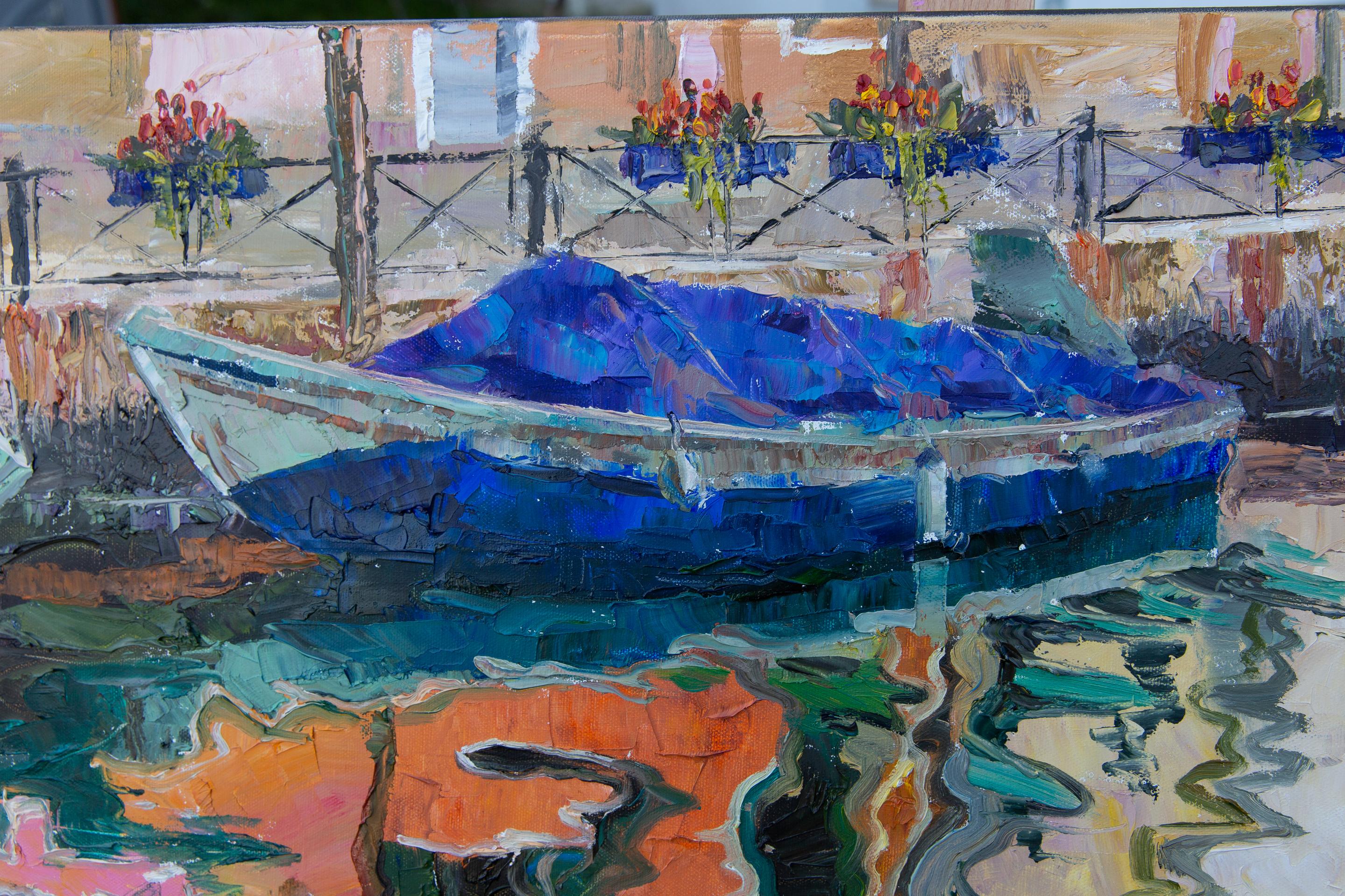 Riflesso arancione. Paesaggio orizzontale, impressionismo, Venezia, canale, barche. in vendita 2