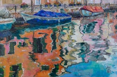 Orange Reflection. Horizontal landscape, impressionism, Venice, canal, boats.