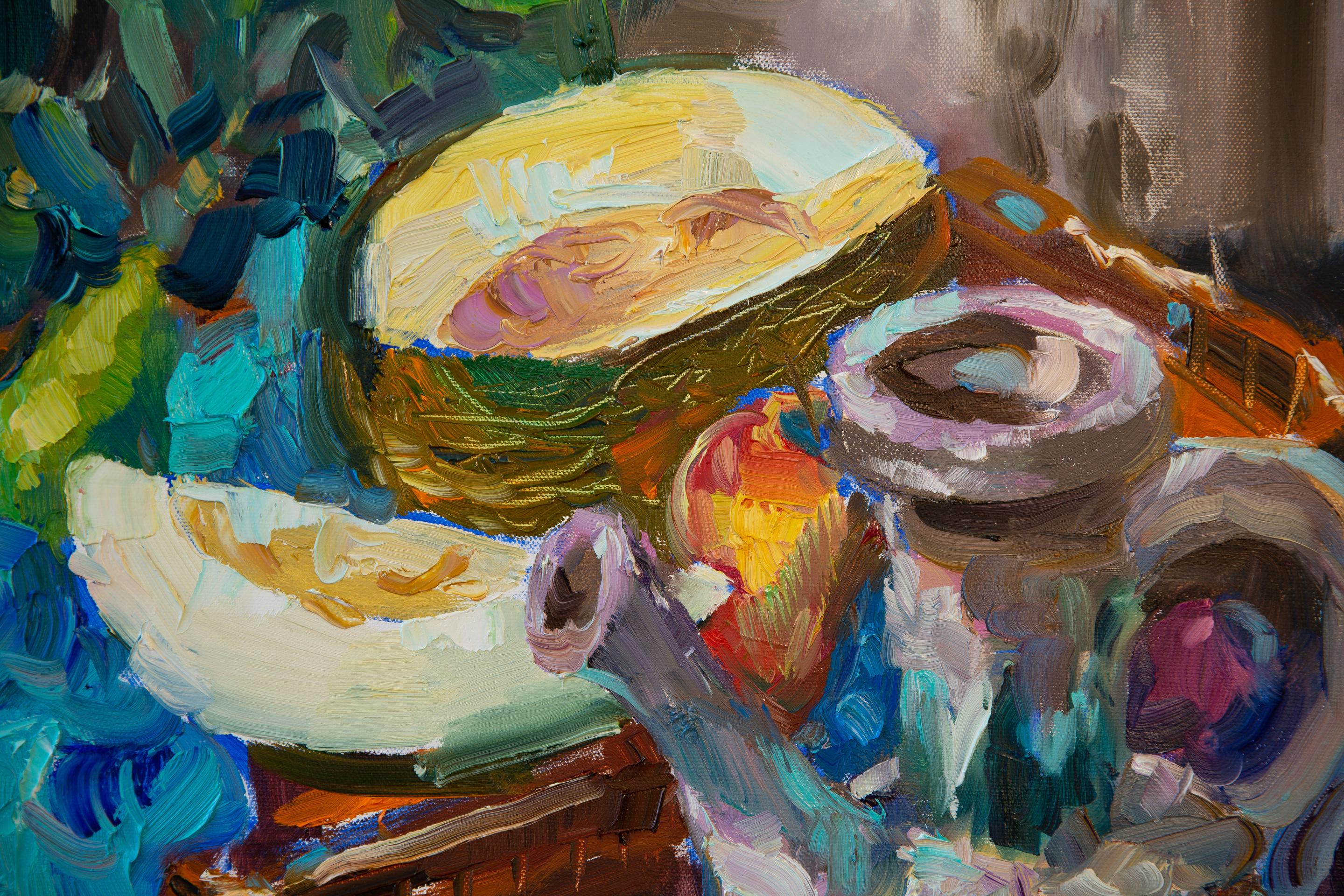 Oriental Still Life. Vertical, oil, bright, painting, fruits For Sale 4