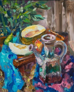 Oriental Still Life. Vertical, oil, bright, painting, fruits