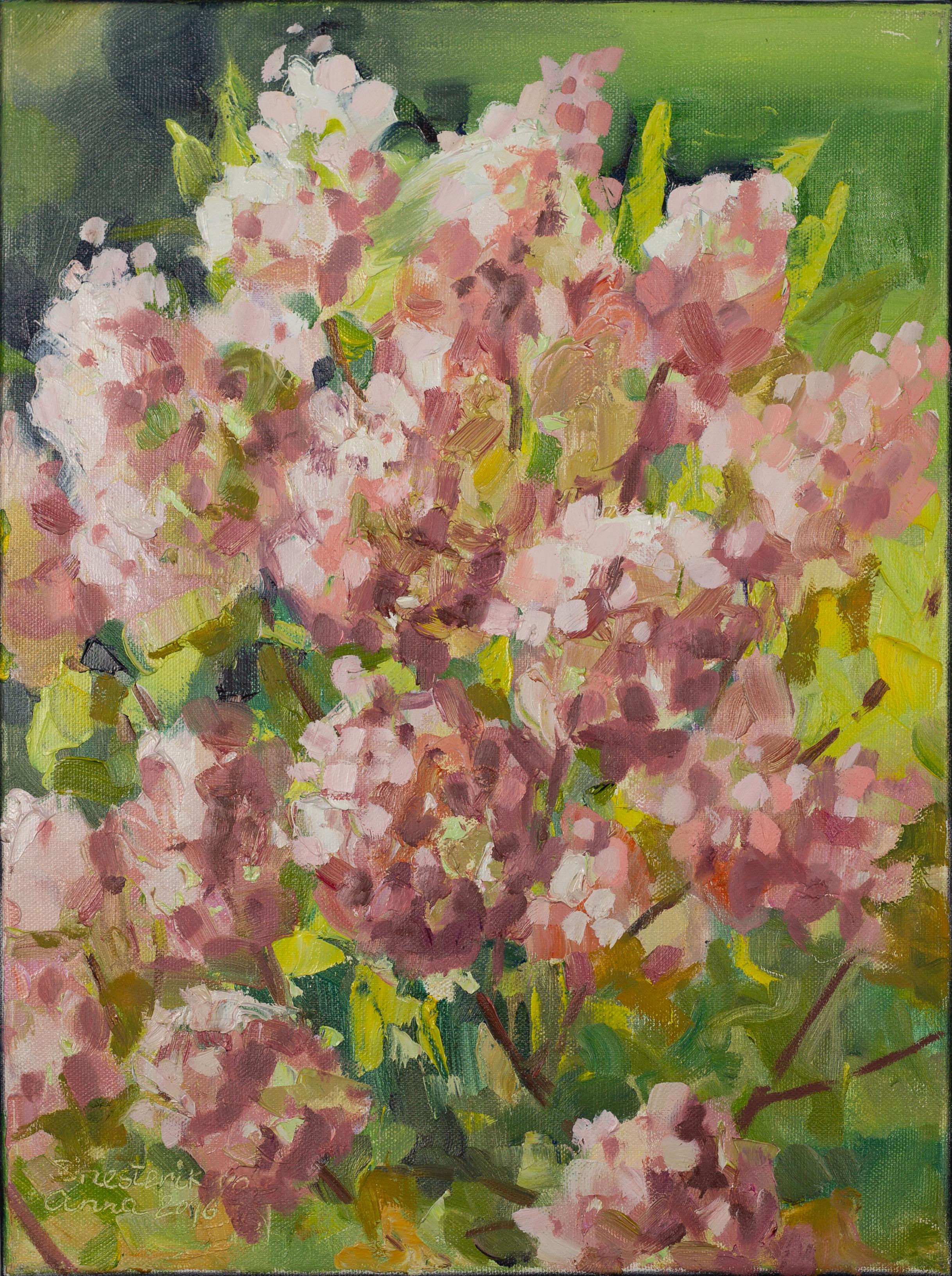 Anna Shesterikova Landscape Painting - Panicled Hydrangea. Post-impressionism, oil painting, vertical, nature, floral