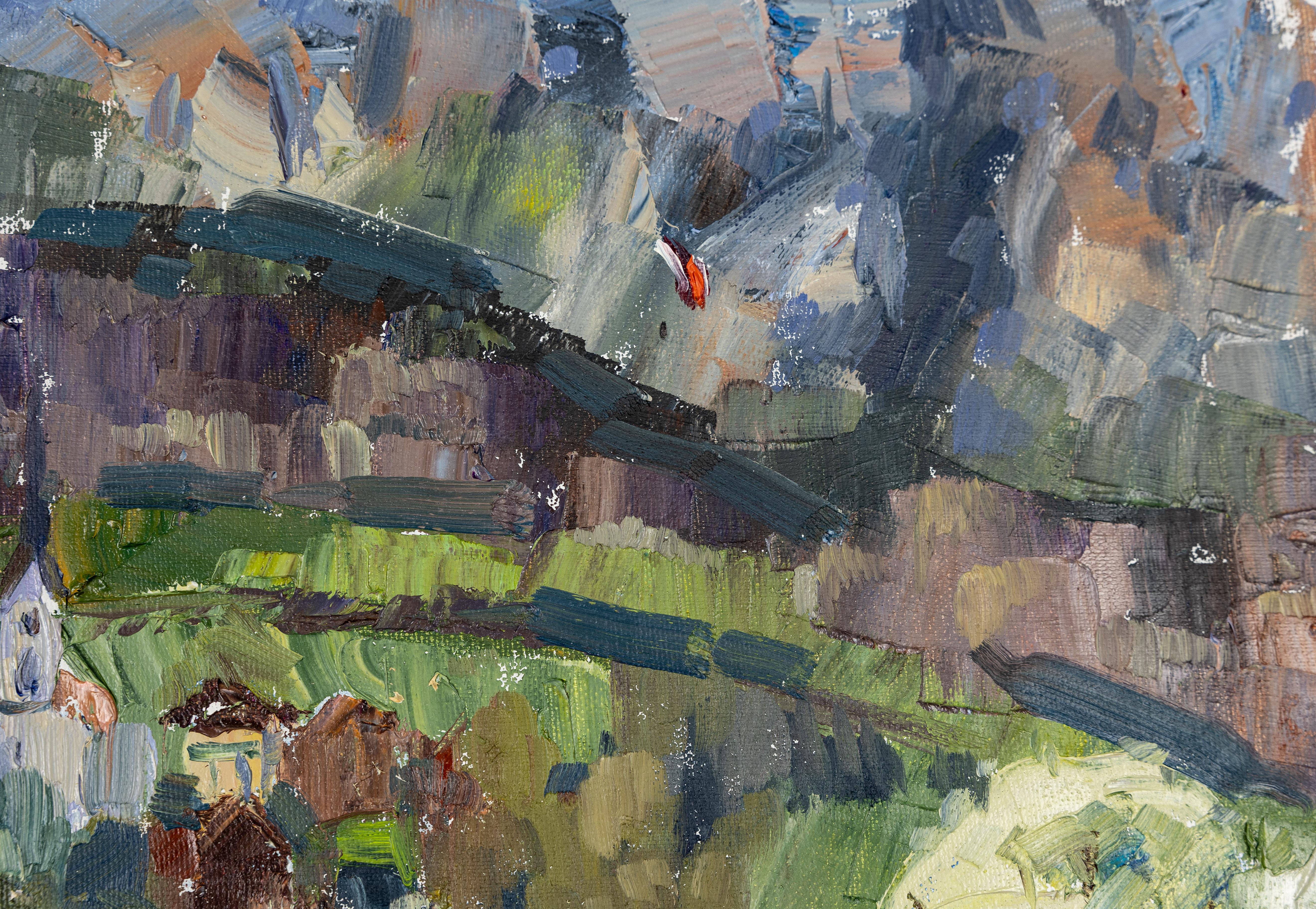 Paraglider Over Gams. Landscape in oil with mountains. Impressionism. For Sale 5