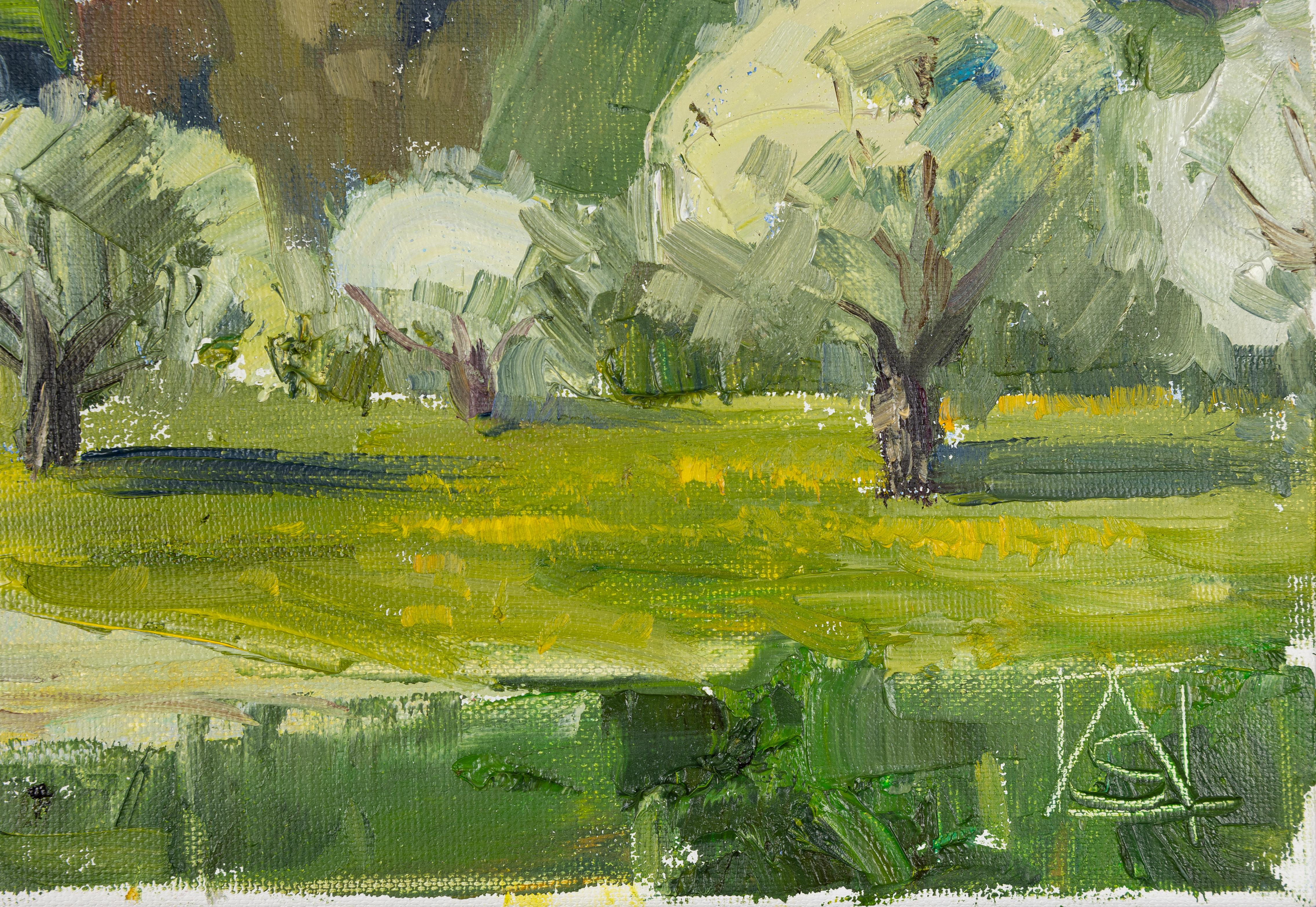 Paraglider Over Gams. Landscape in oil with mountains. Impressionism. - Gray Landscape Painting by Anna Shesterikova