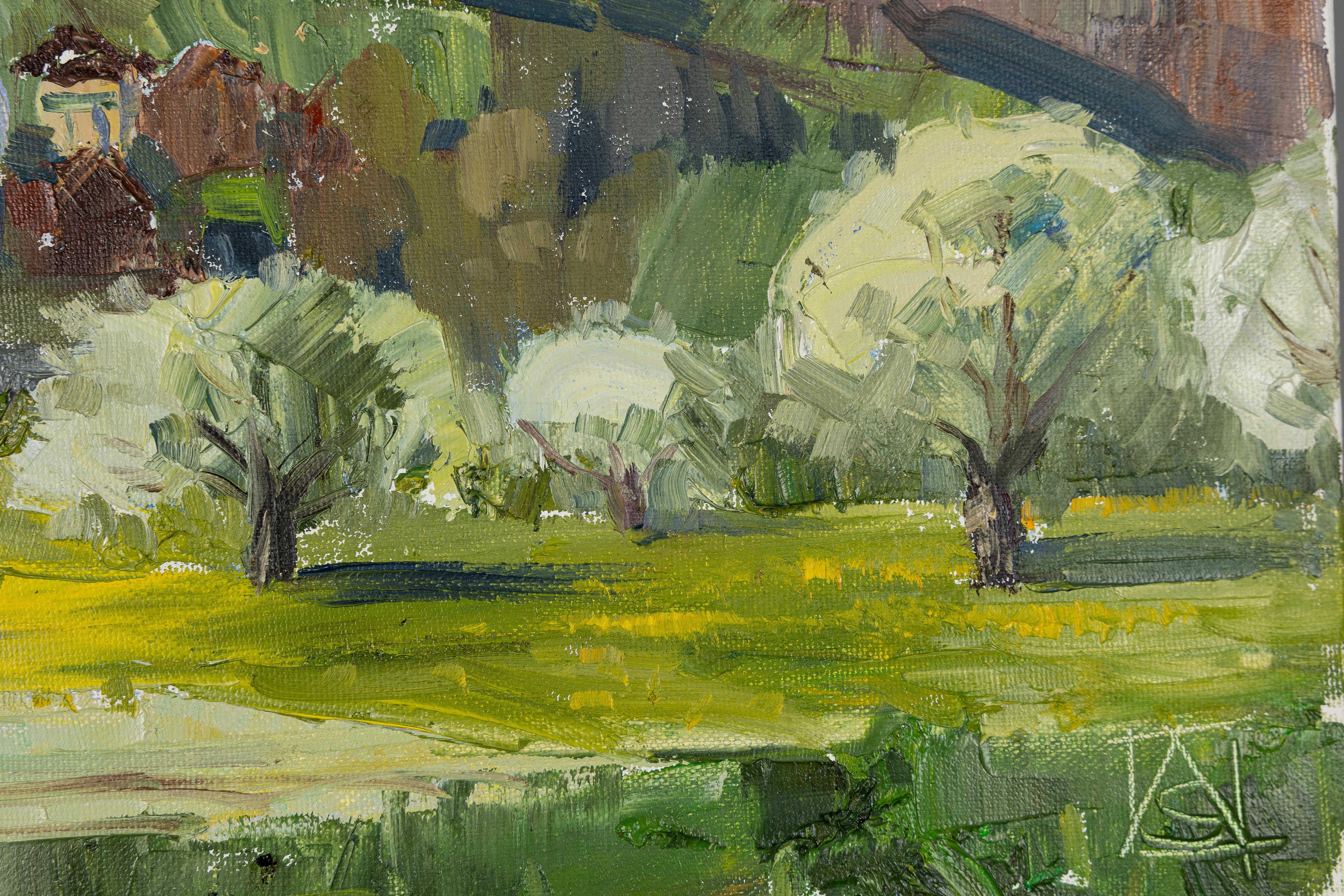 Paraglider Over Gams. Landscape in oil with mountains. Impressionism. For Sale 3