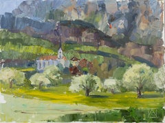 Paraglider Over Gams. Landscape in oil with mountains. Impressionism.