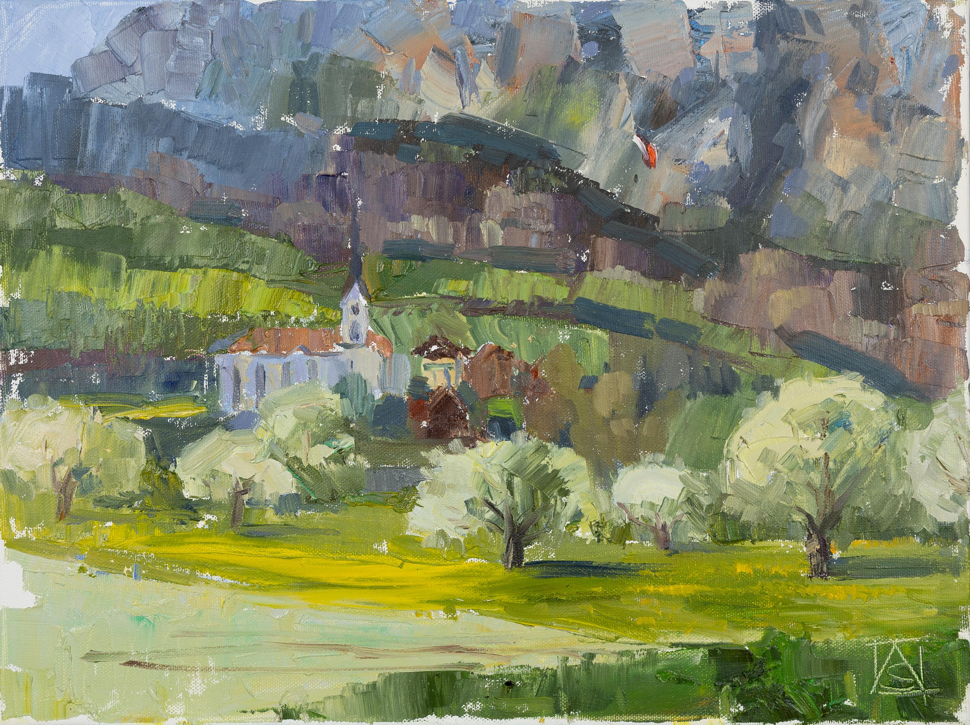 "Paraglider Over Gams" is a small sketch that I painted en plein air." said Anna Shesterikova about this artwork. "April mood, mountains, church - everything is buried in the foam of blooming gardens. And above all this splendor, like a small red