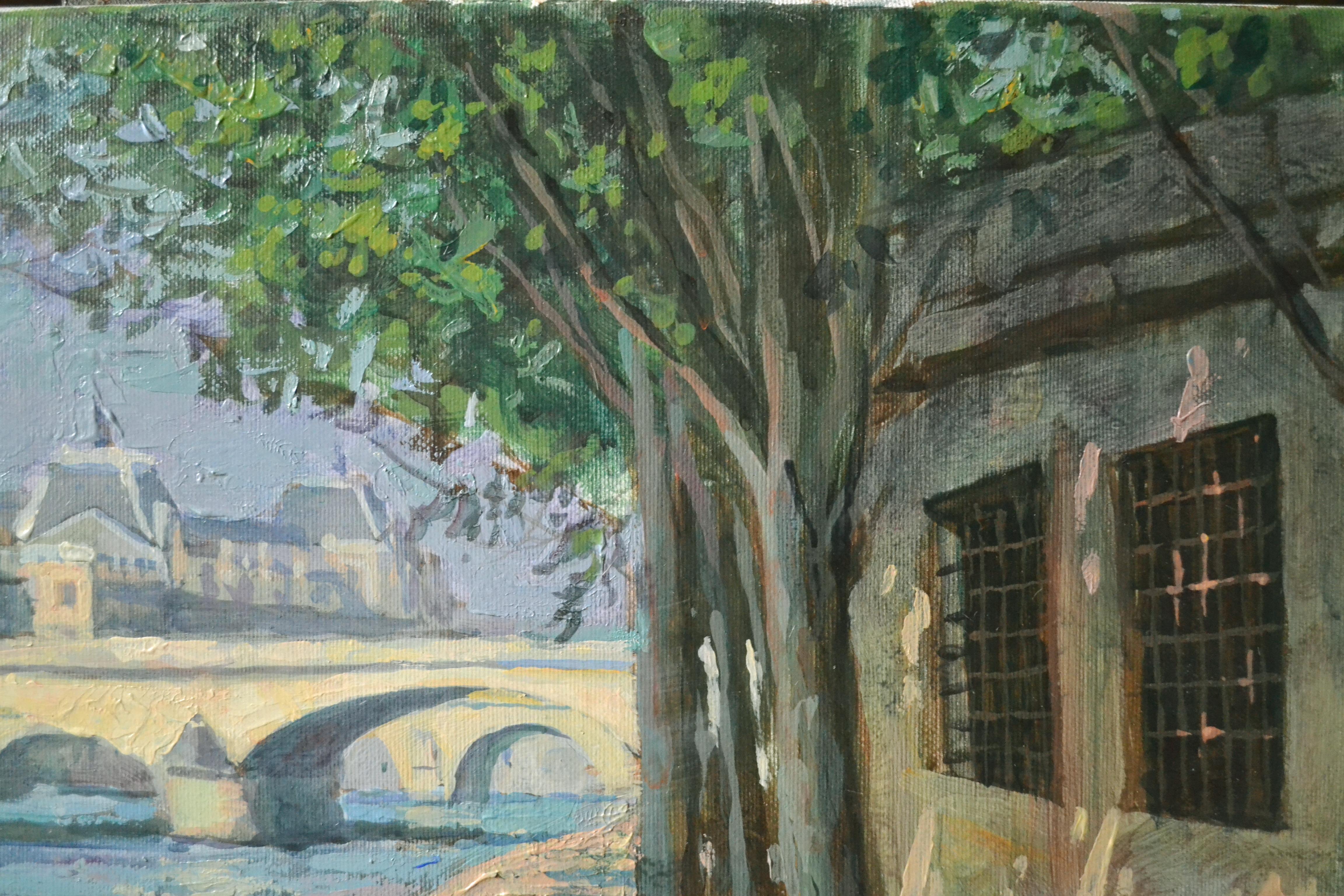 Das Gemälde wurde an einem sonnigen Sommertag in Paris am Ufer der Seine nach dem Leben gemalt. Im Vordergrund sehen wir das Uferpflaster im spitzen Schatten der darauf wachsenden Bäume, rechts eine steinerne Brüstung, an der auch die schrägen