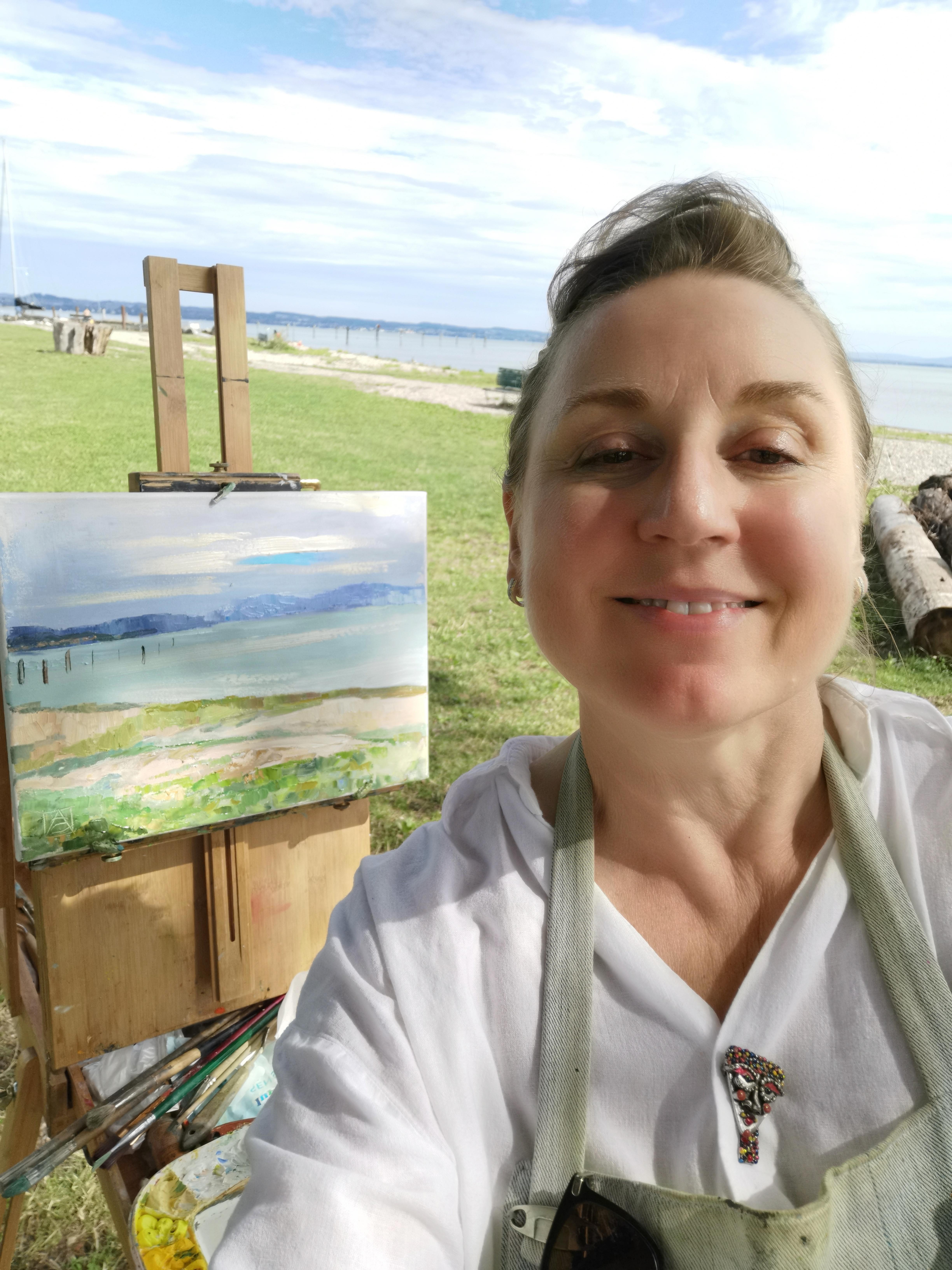 Atmosfera tranquilla sul Lago di Costanza. Paesaggio, piccolo, spiaggia, impressionismo in vendita 9