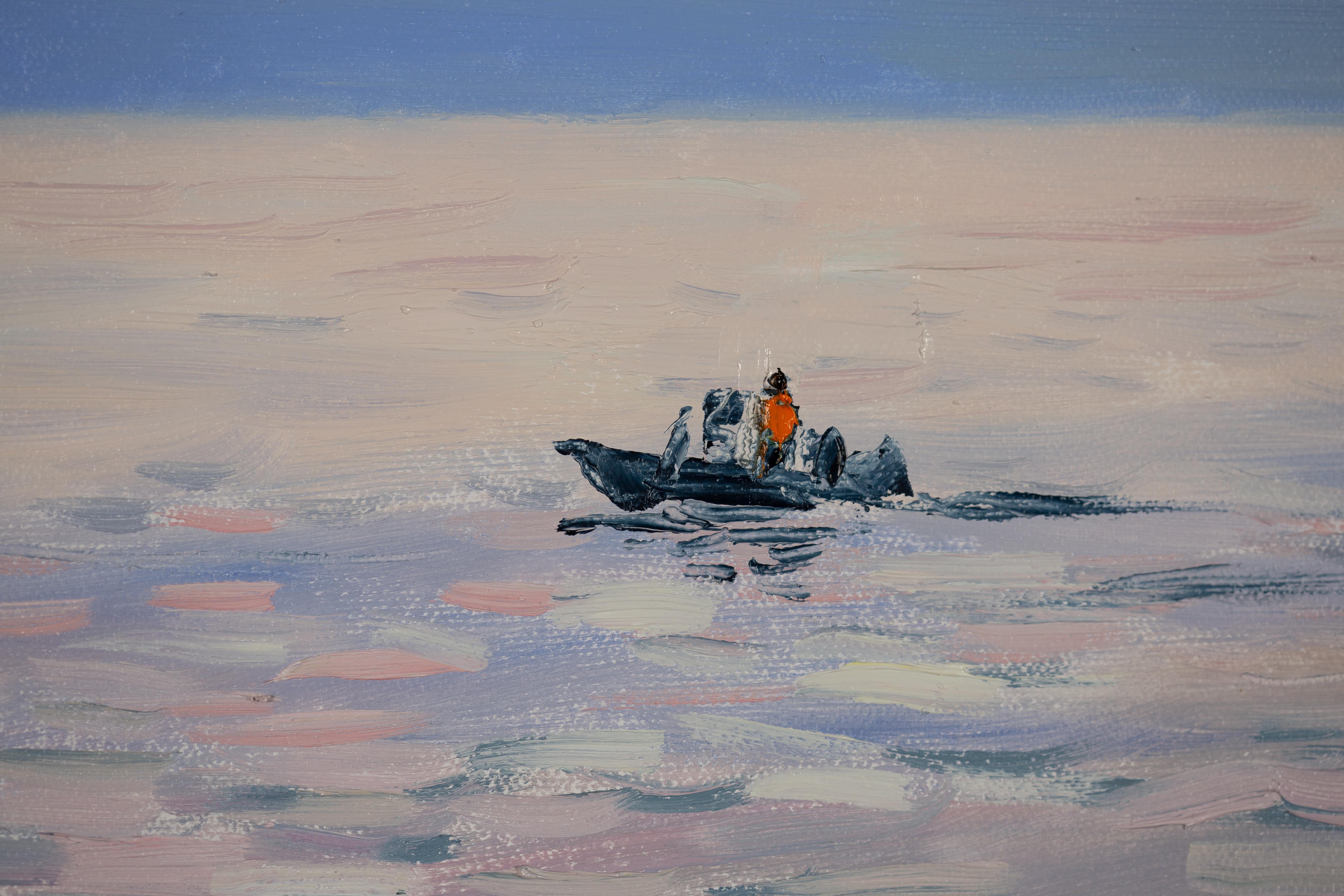 Coucher de soleil nacré à Menton. Paysage marin, mer, coucher de soleil, horizontal, peinture à l'huile en vente 5