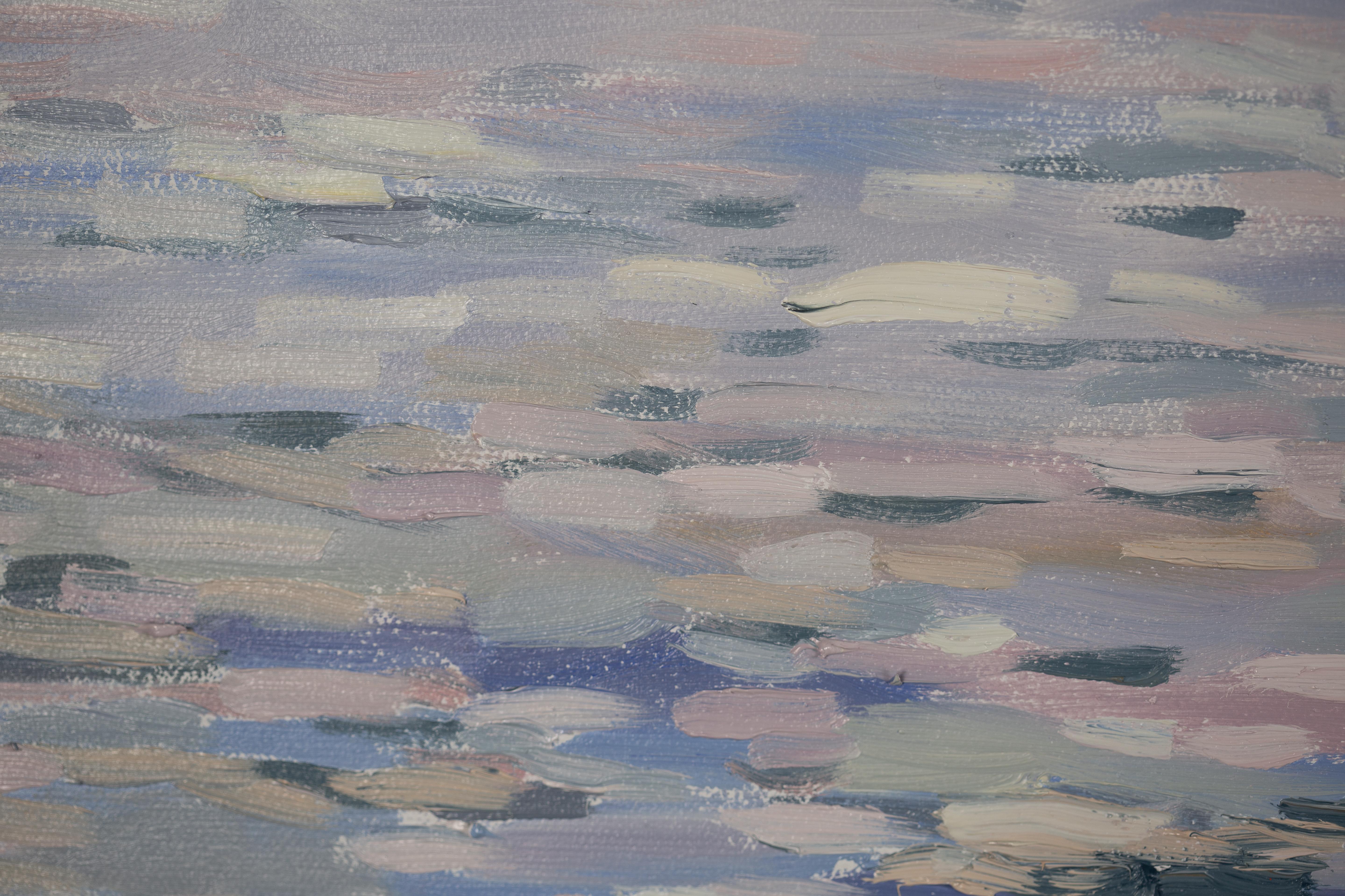 Coucher de soleil nacré à Menton. Paysage marin, mer, coucher de soleil, horizontal, peinture à l'huile en vente 6
