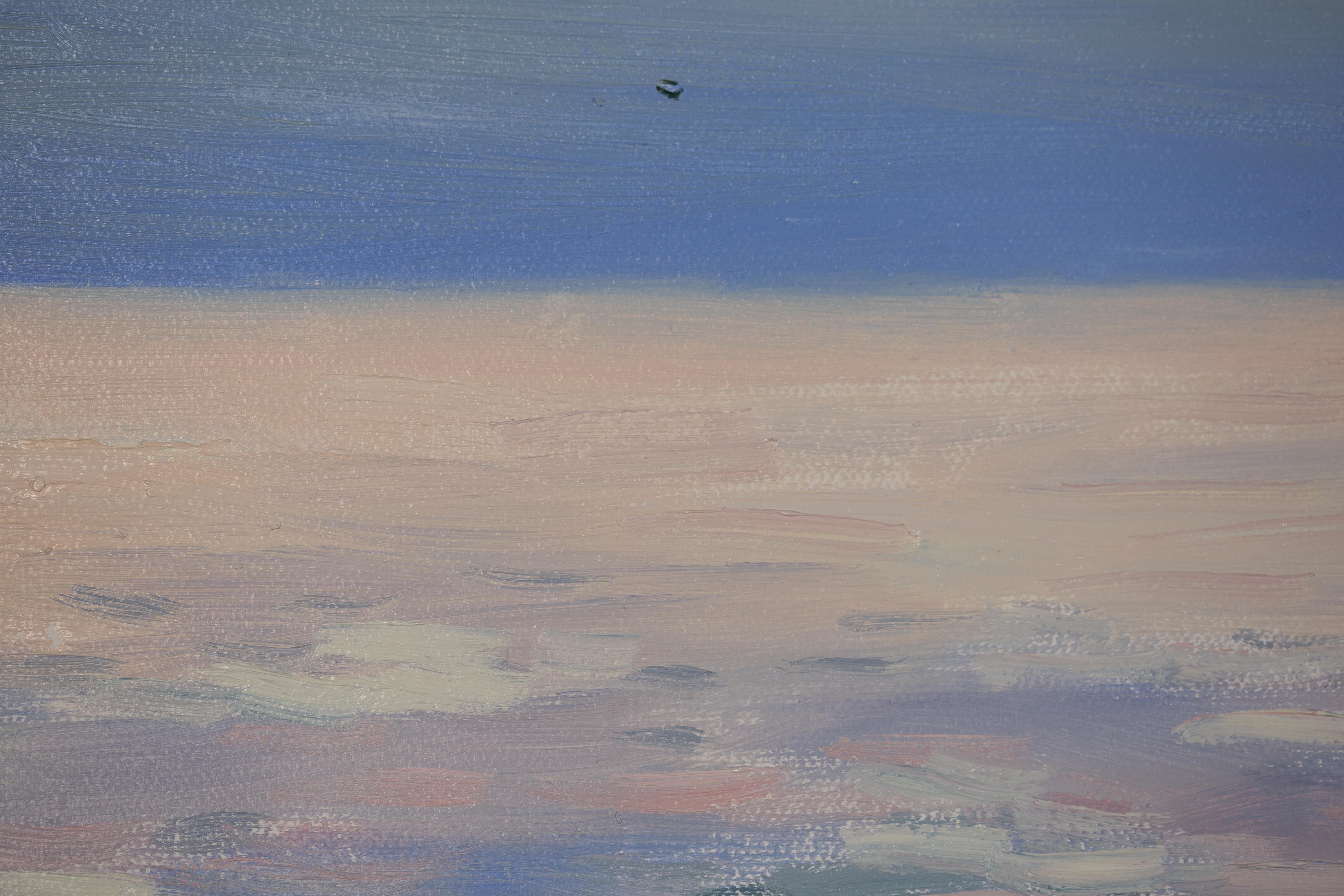 Coucher de soleil nacré à Menton. Paysage marin, mer, coucher de soleil, horizontal, peinture à l'huile en vente 7