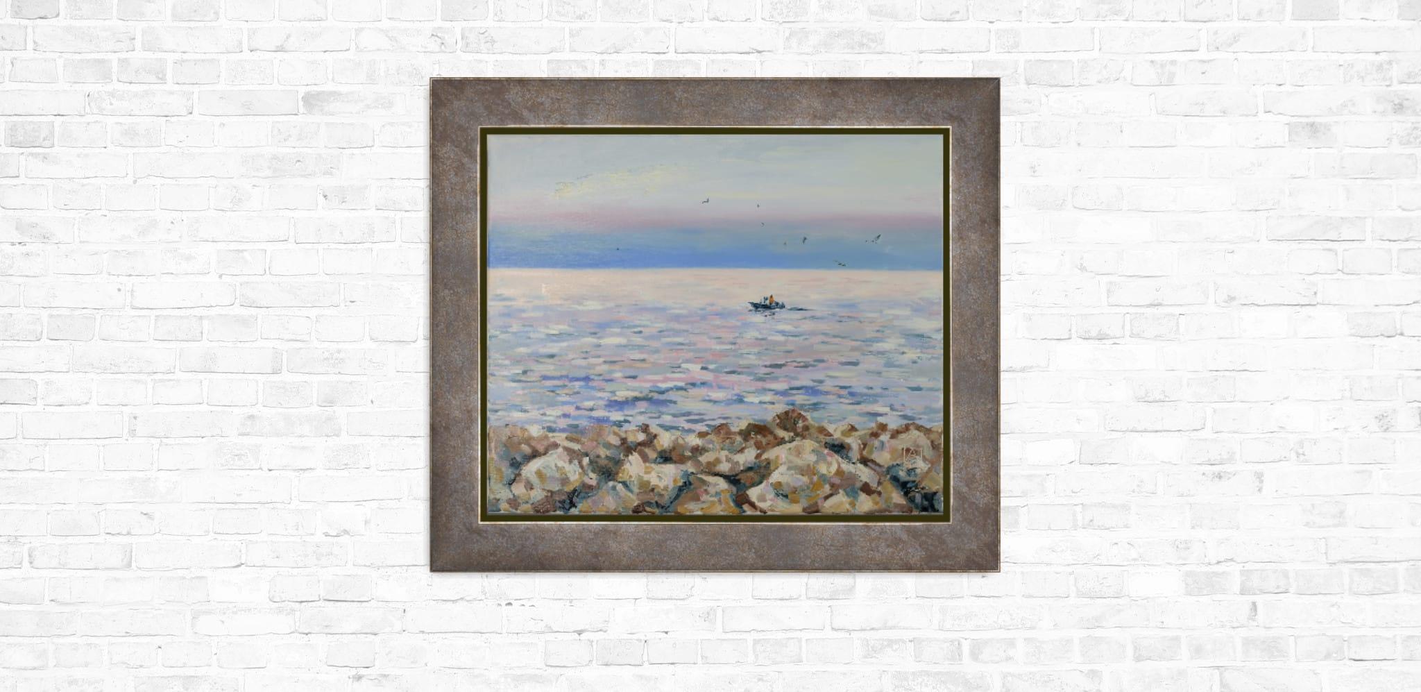 Coucher de soleil nacré à Menton. Paysage marin, mer, coucher de soleil, horizontal, peinture à l'huile en vente 8