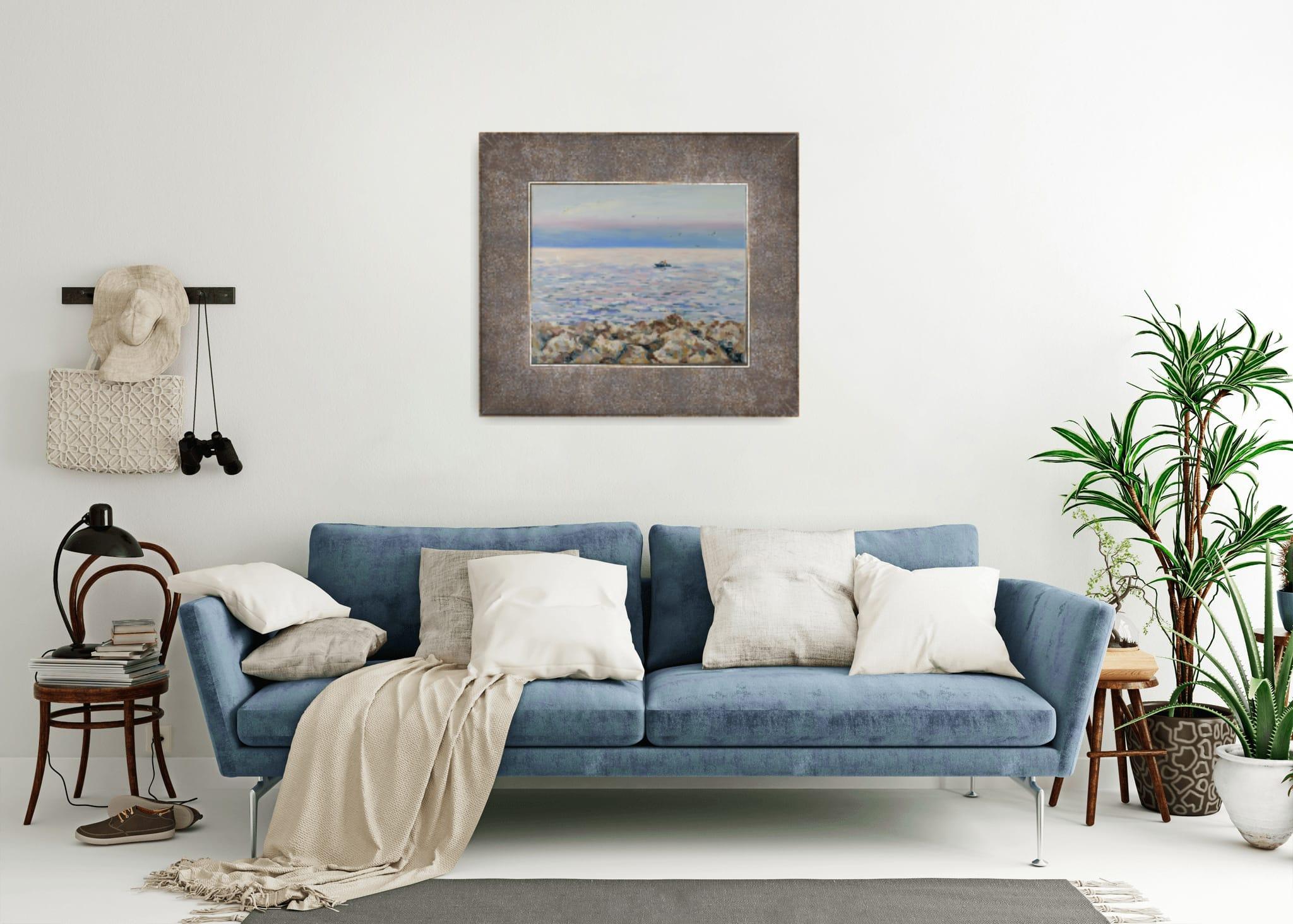 Coucher de soleil nacré à Menton. Paysage marin, mer, coucher de soleil, horizontal, peinture à l'huile en vente 11
