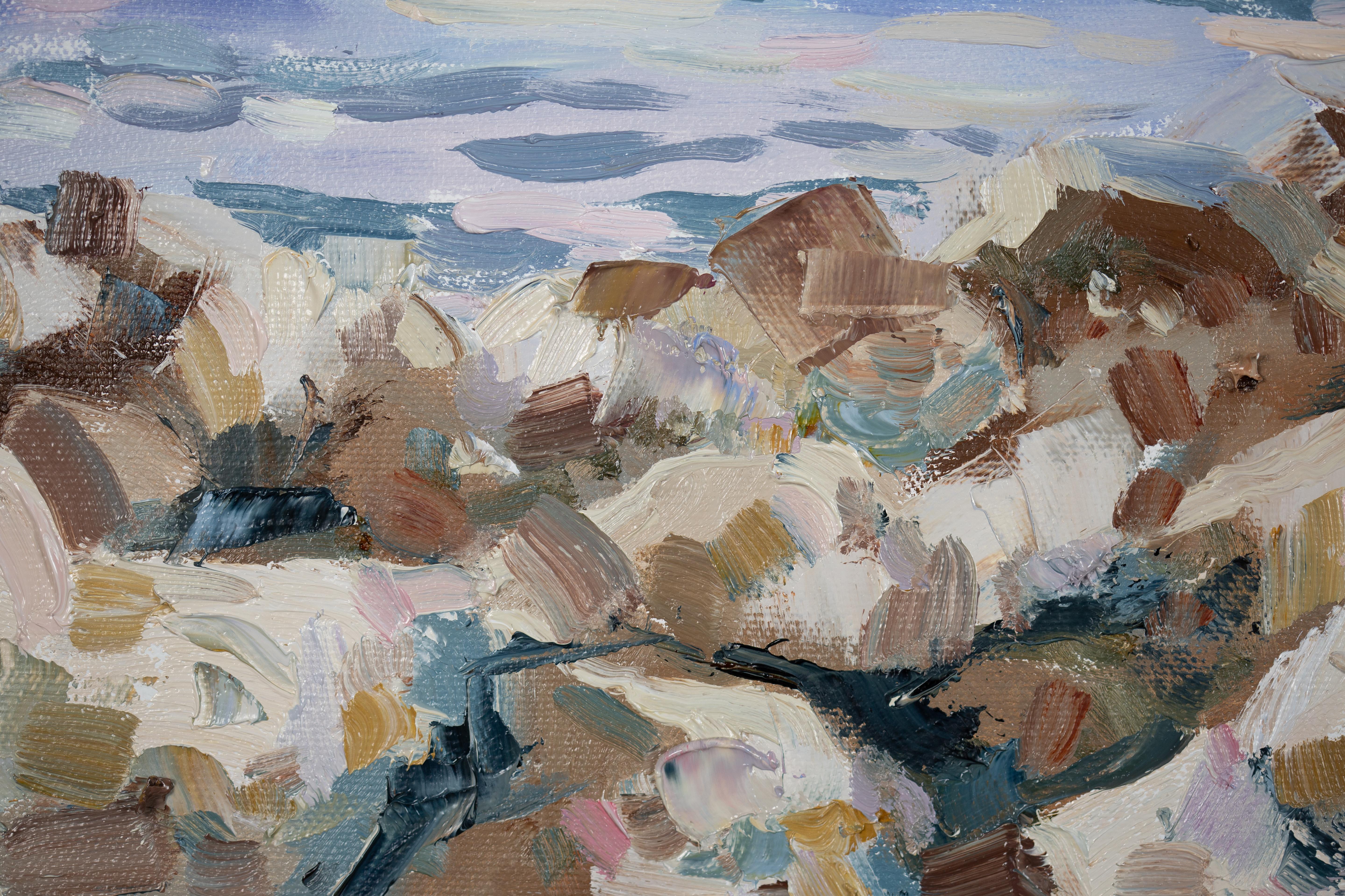 Coucher de soleil nacré à Menton. Paysage marin, mer, coucher de soleil, horizontal, peinture à l'huile en vente 13