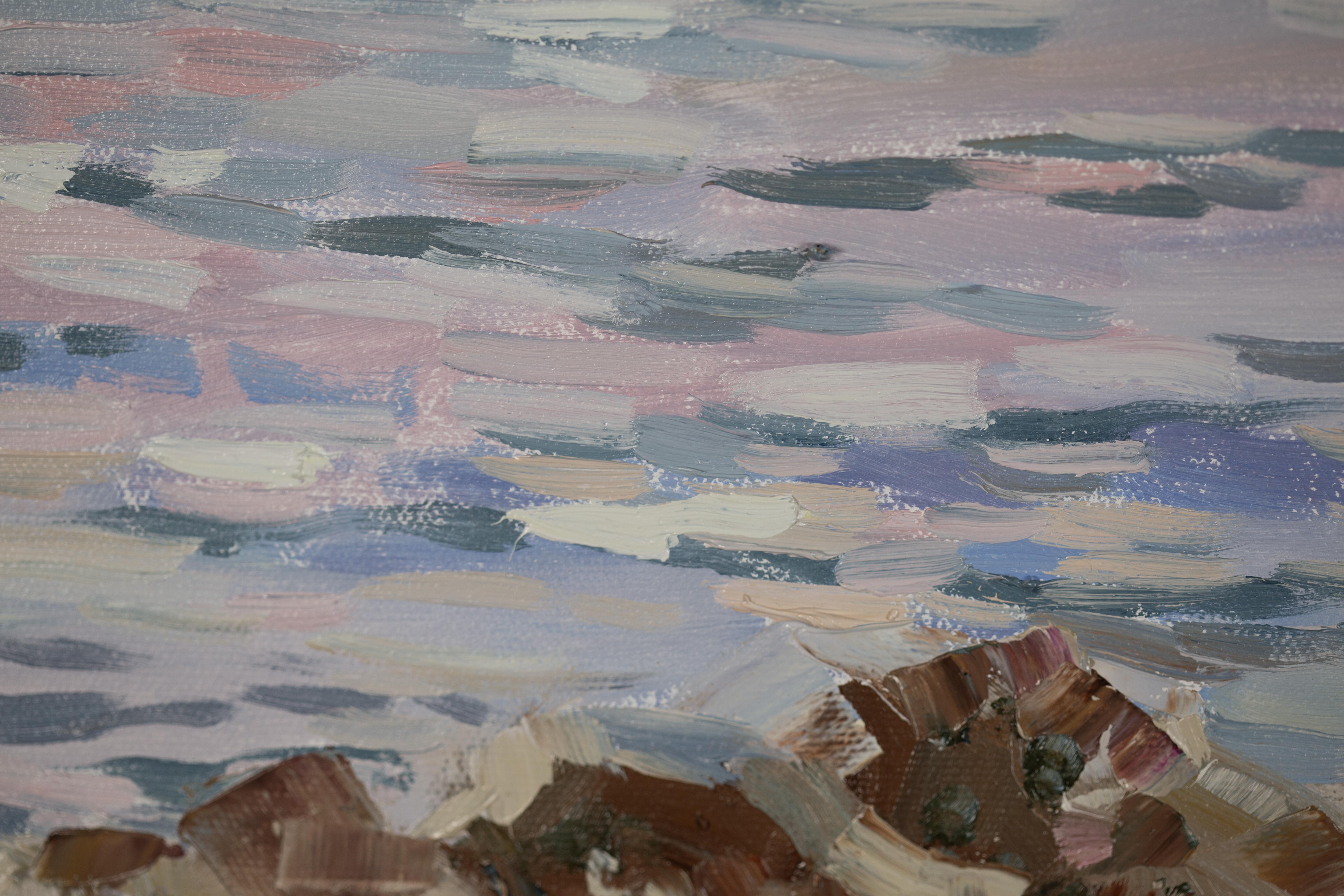 Coucher de soleil nacré à Menton. Paysage marin, mer, coucher de soleil, horizontal, peinture à l'huile en vente 14