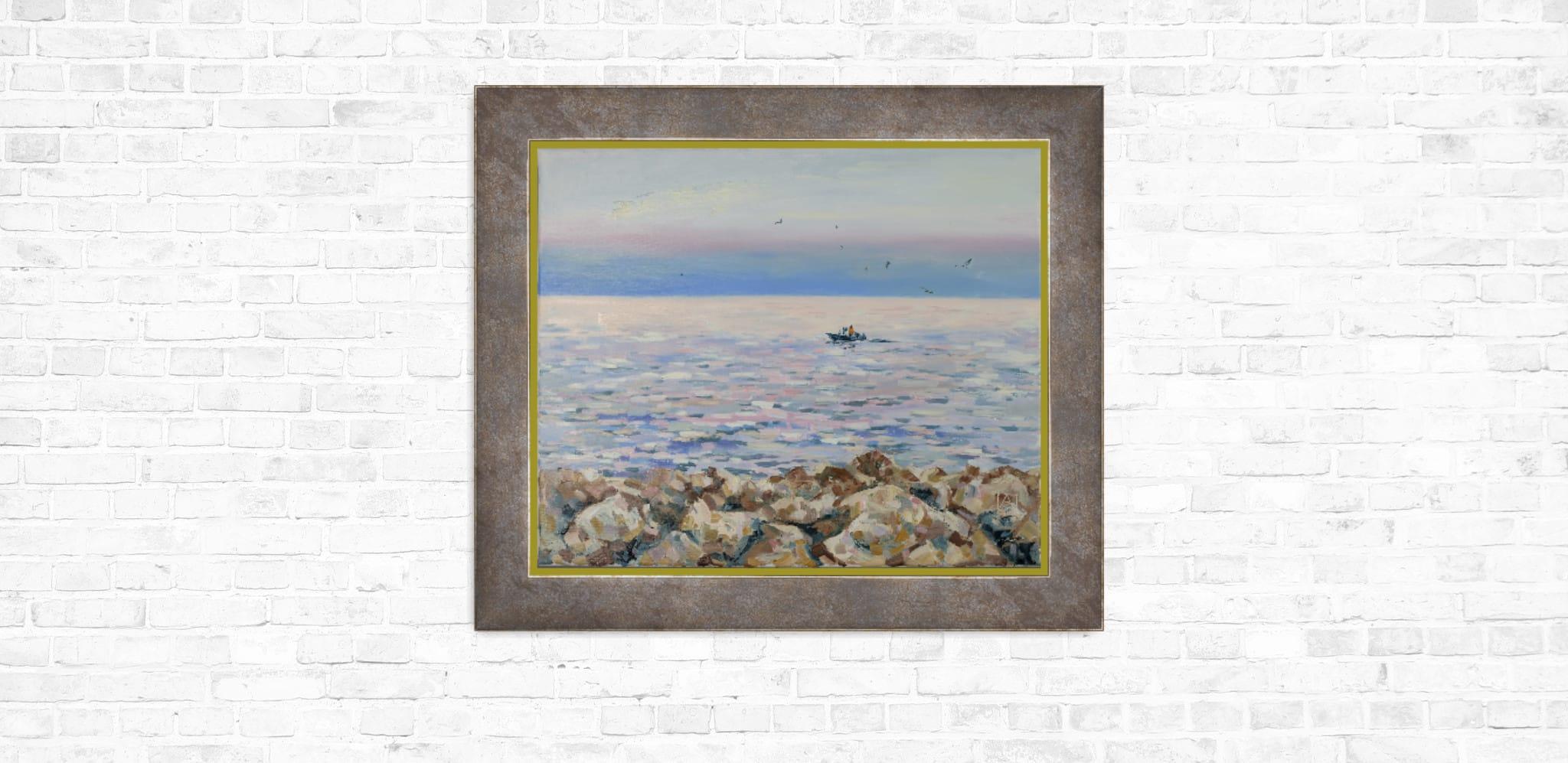 Coucher de soleil nacré à Menton. Paysage marin, mer, coucher de soleil, horizontal, peinture à l'huile - Painting de Anna Shesterikova
