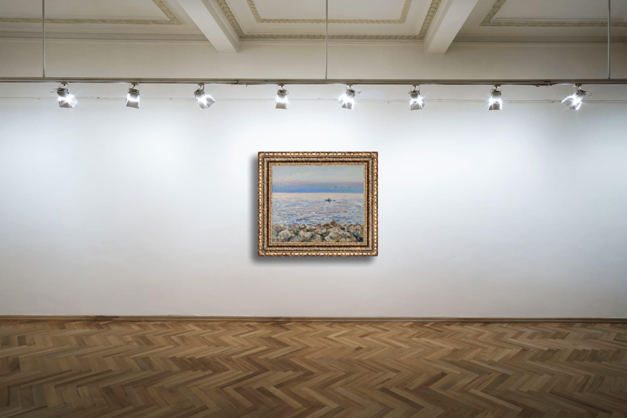 Coucher de soleil nacré à Menton. Paysage marin, mer, coucher de soleil, horizontal, peinture à l'huile - Post-impressionnisme Painting par Anna Shesterikova
