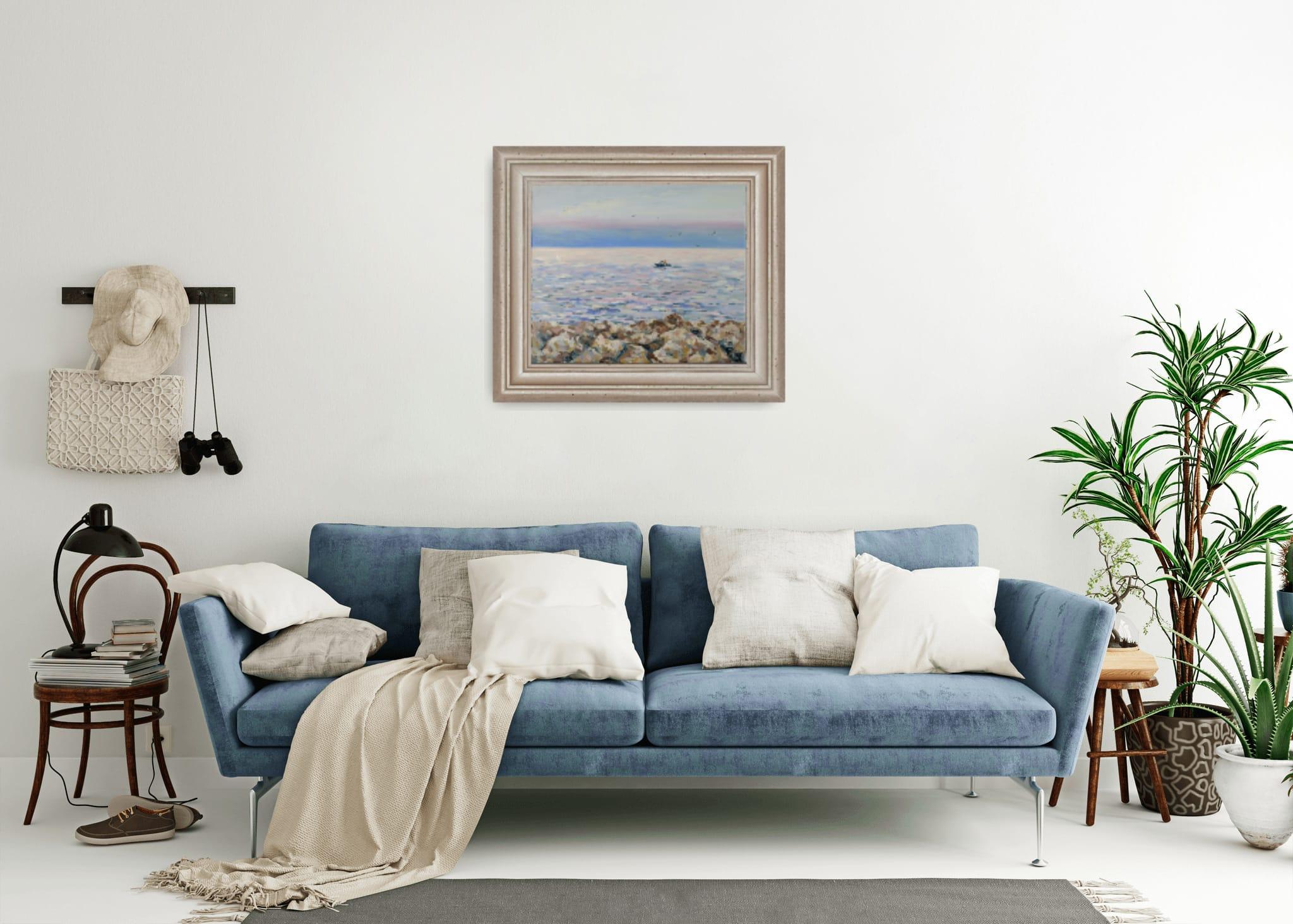 Coucher de soleil nacré à Menton. Paysage marin, mer, coucher de soleil, horizontal, peinture à l'huile - Gris Landscape Painting par Anna Shesterikova