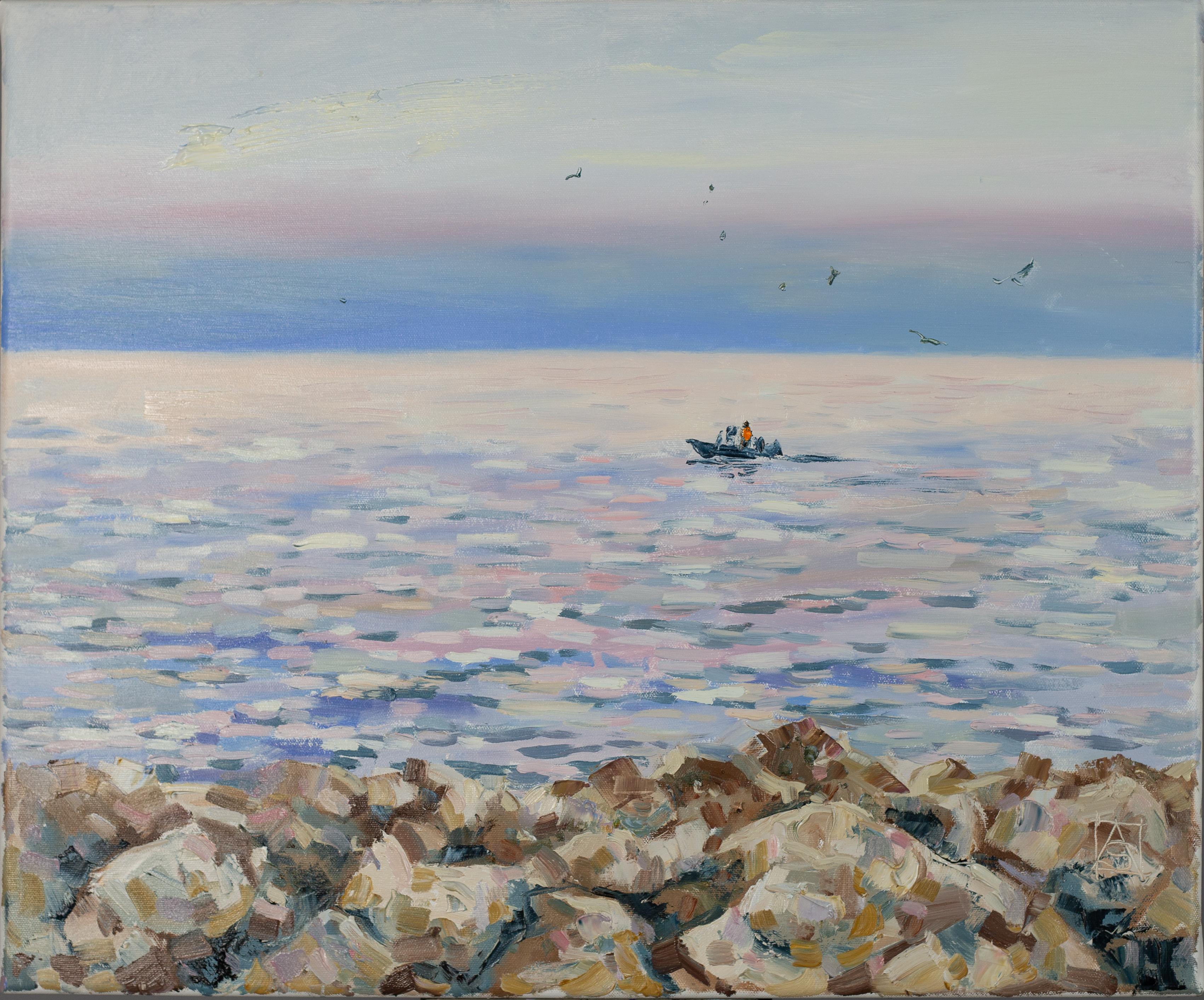 Anna Shesterikova Landscape Painting - Pearly Sunset in Menton. Sunsets, Seascape, sea, horizontal, oil painting, blue