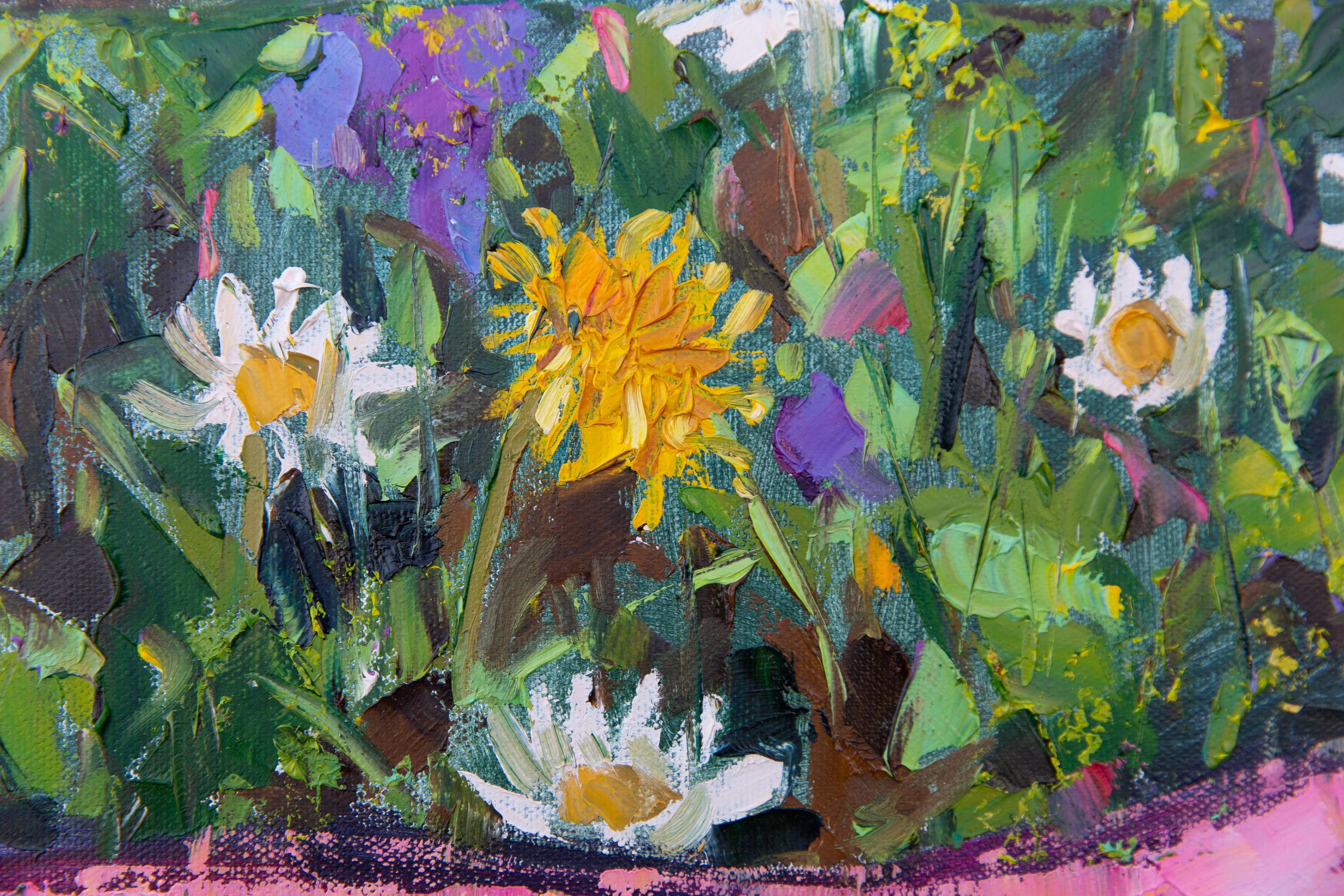 Picnic on the Grass. Still life with flowers, fruits, horizontal, impressionism For Sale 5