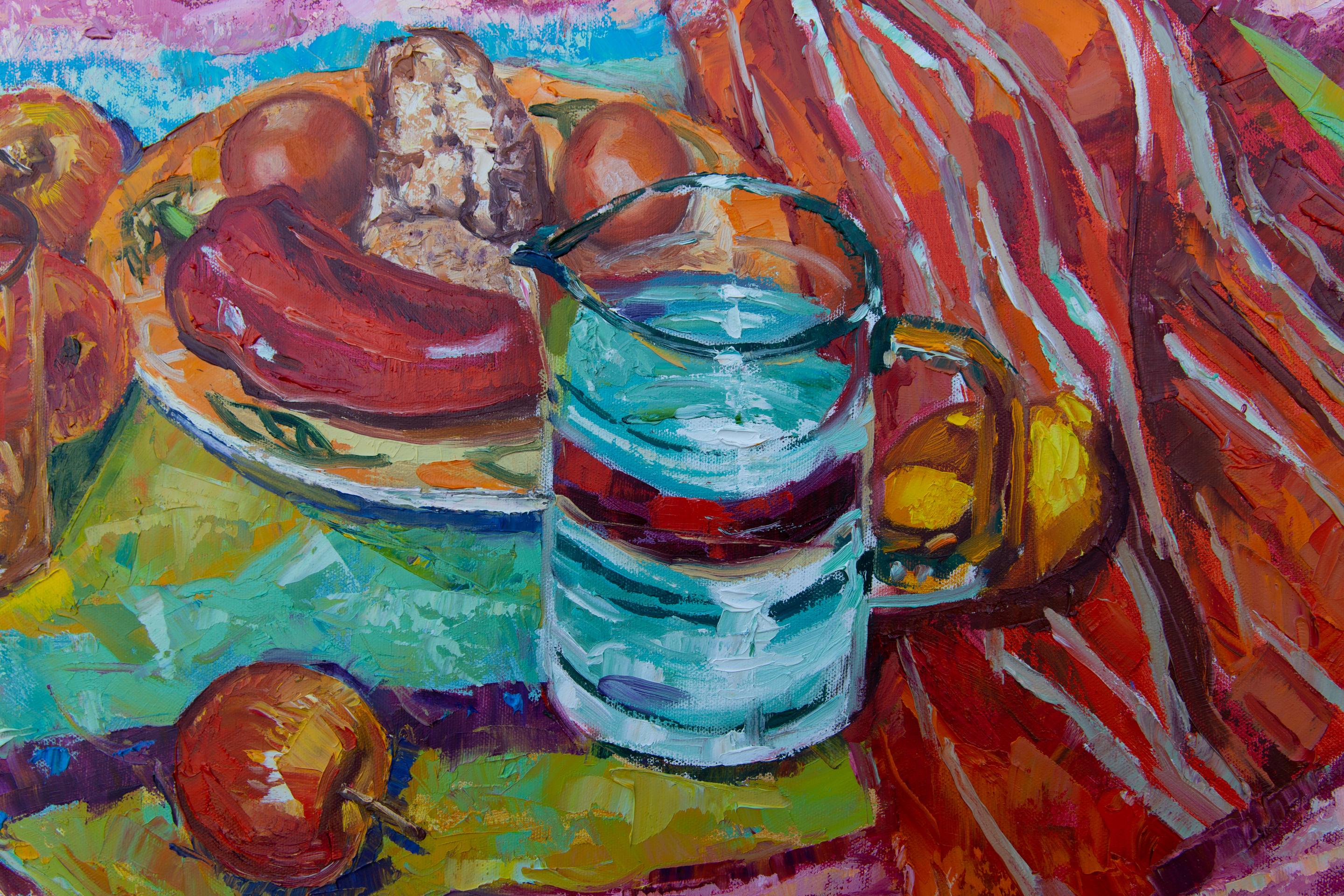 Picnic on the Grass. Still life with flowers, fruits, horizontal, impressionism For Sale 6