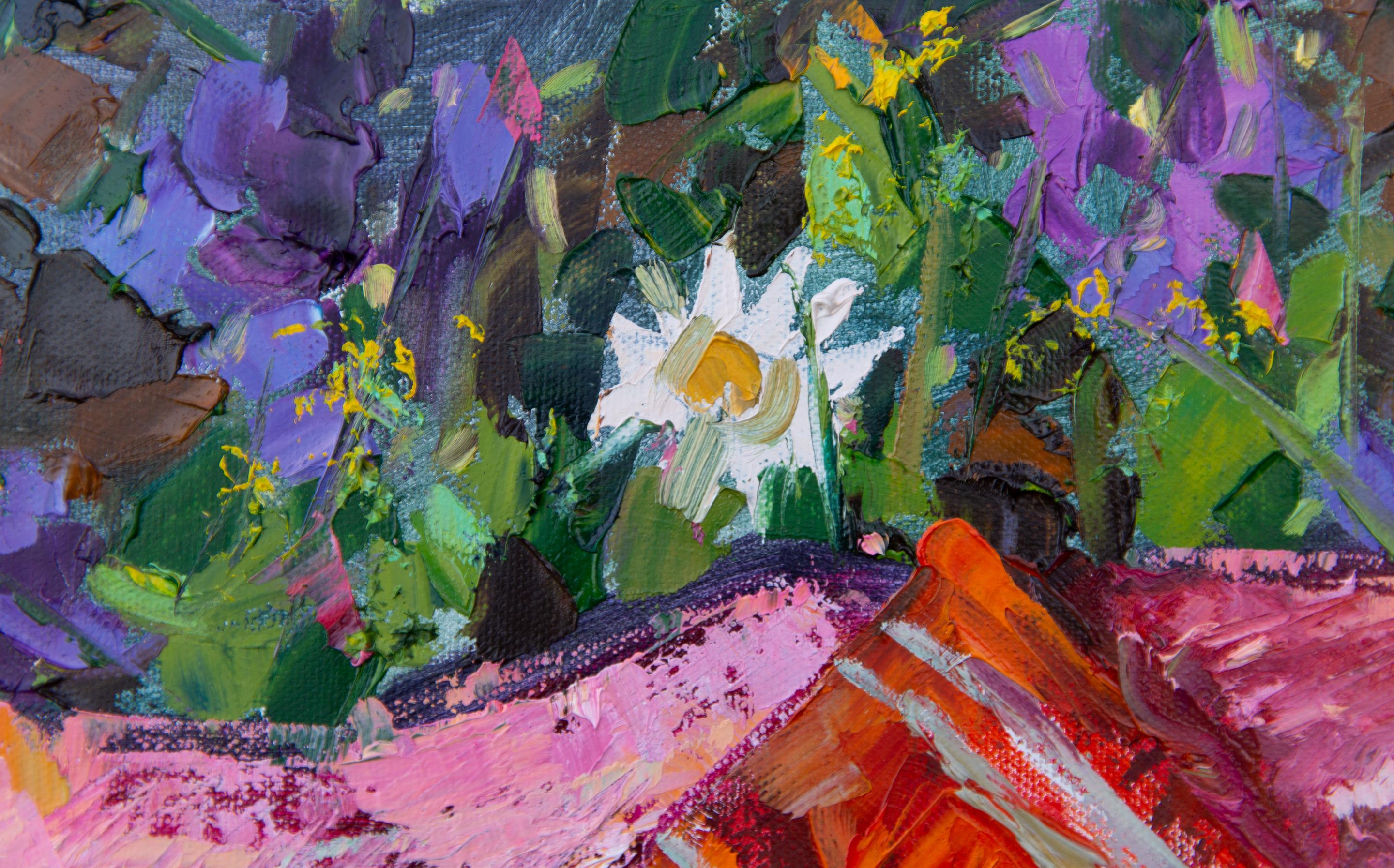 Picnic on the Grass. Still life with flowers, fruits, horizontal, impressionism For Sale 7