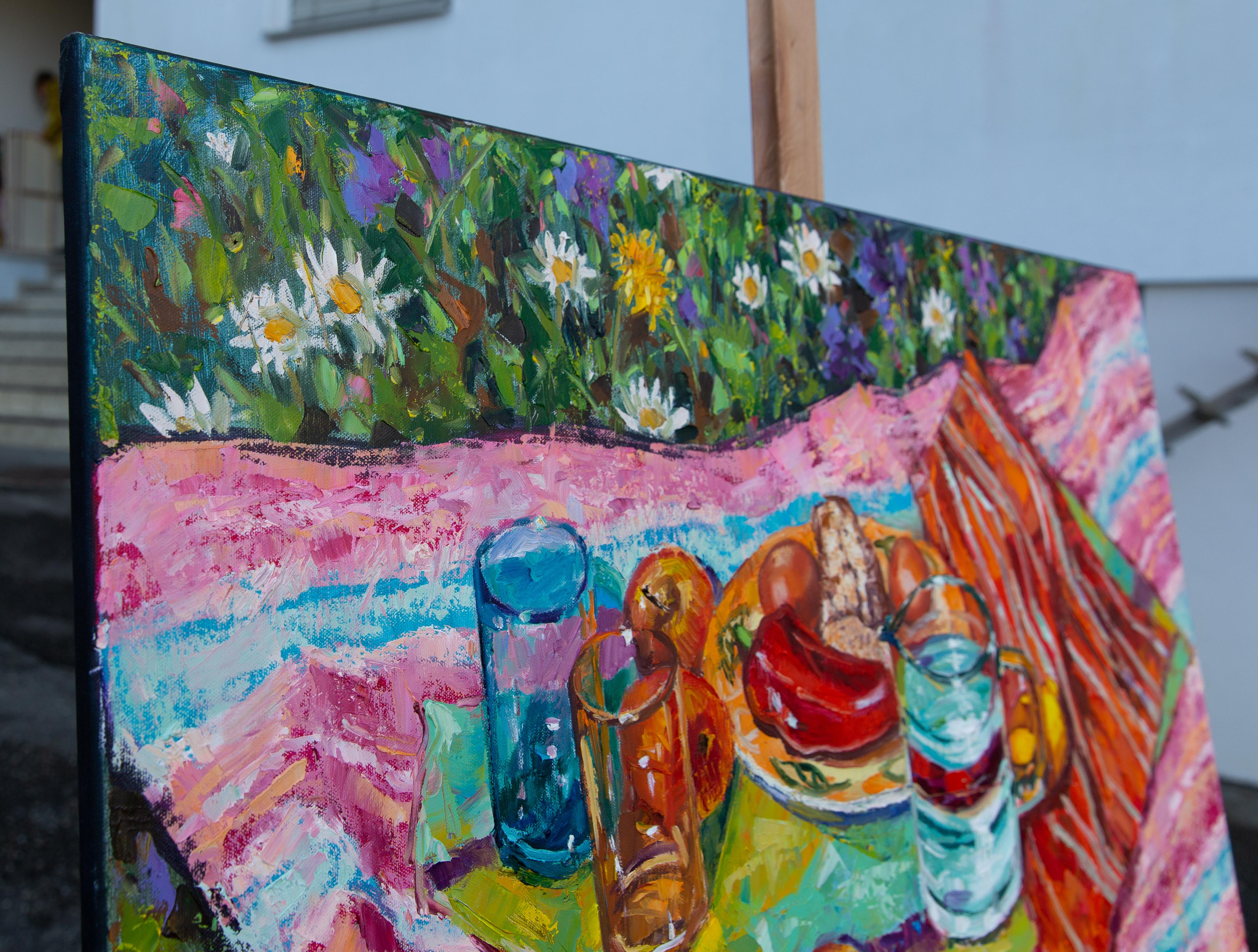 Picnic on the Grass. Still life with flowers, fruits, horizontal, impressionism - Painting by Anna Shesterikova