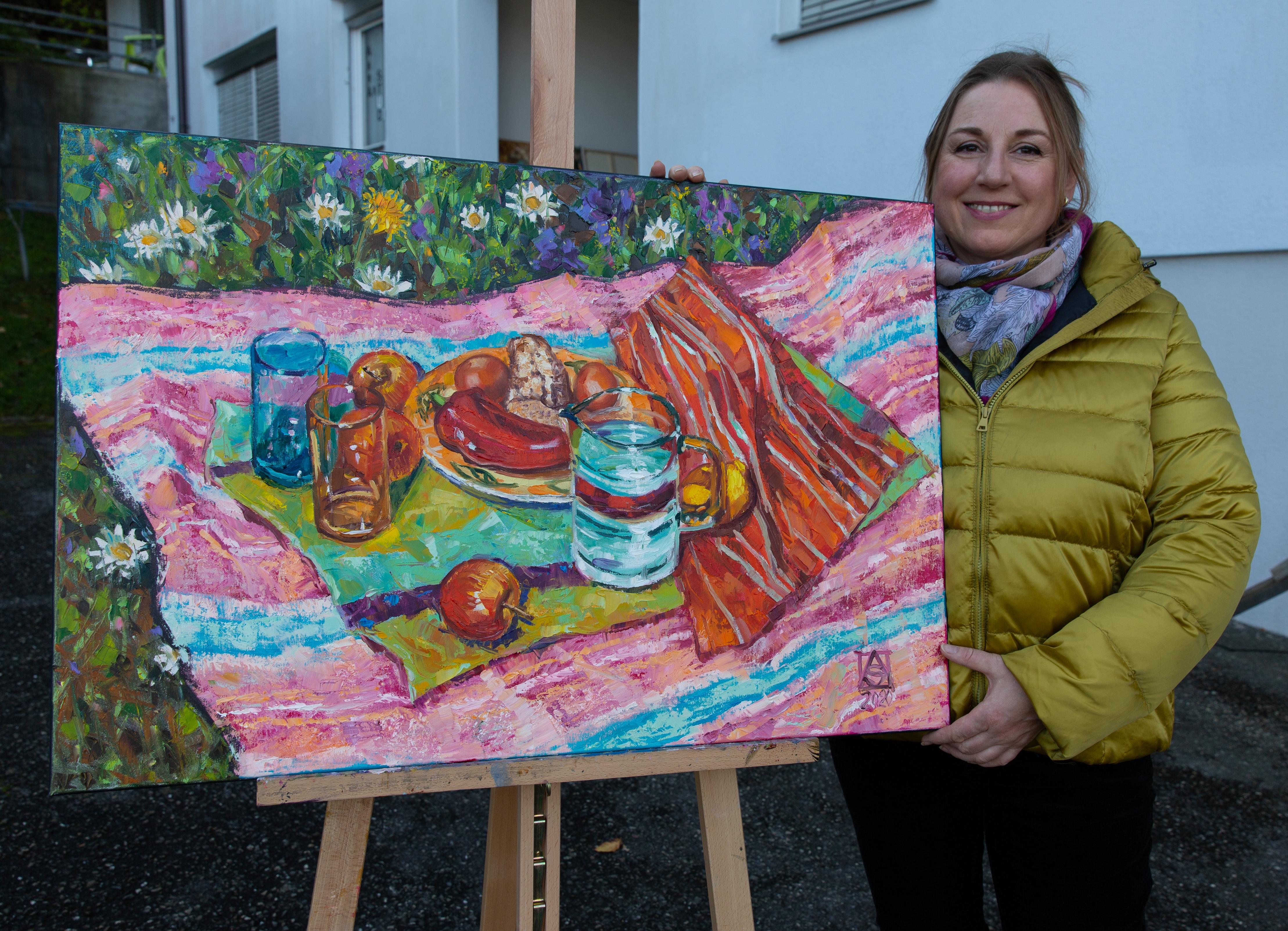 Picnic on the Grass. Still life with flowers, fruits, horizontal, impressionism - Post-Impressionist Painting by Anna Shesterikova