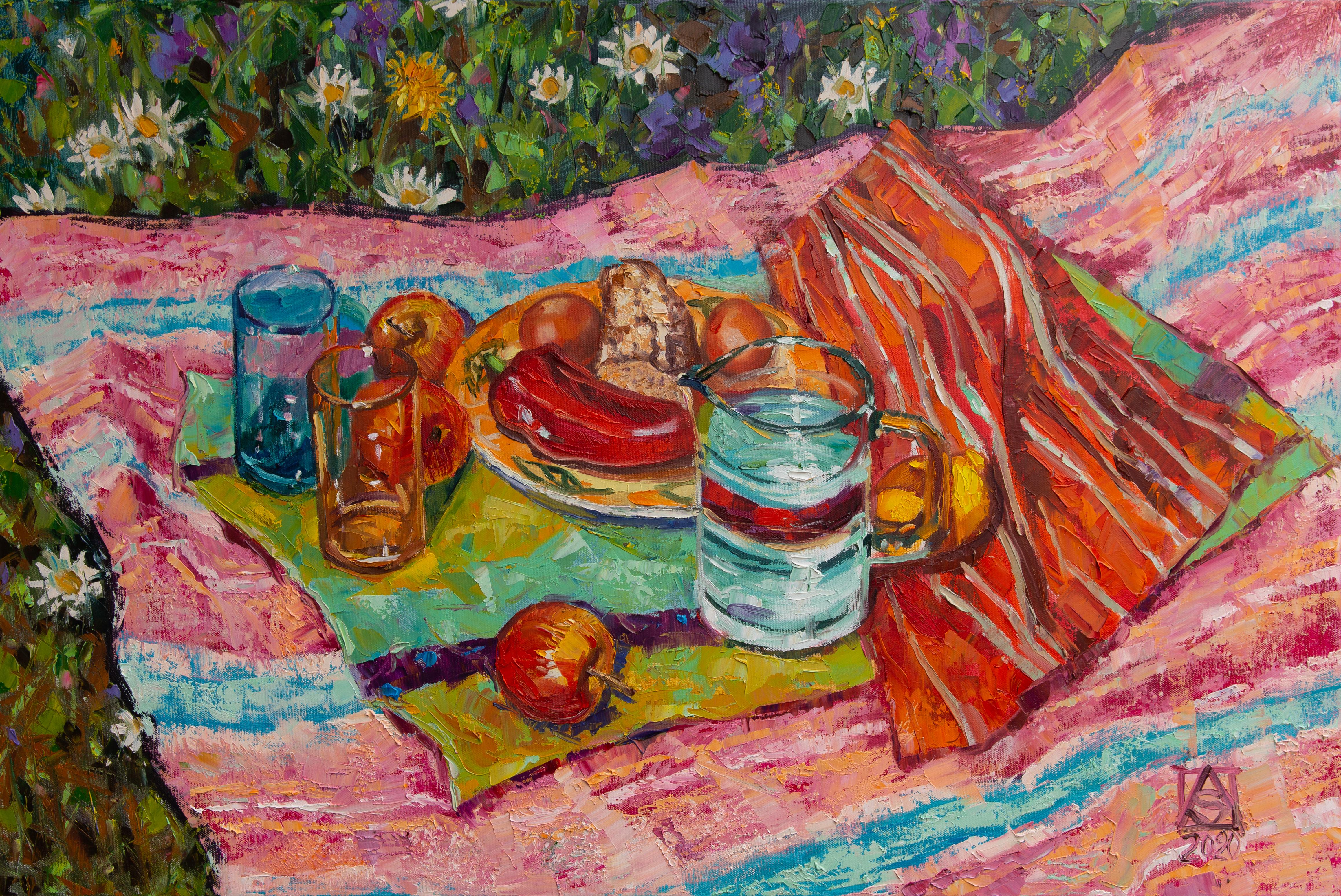Anna Shesterikova Still-Life Painting - Picnic on the Grass. Still life with flowers, fruits, horizontal, impressionism