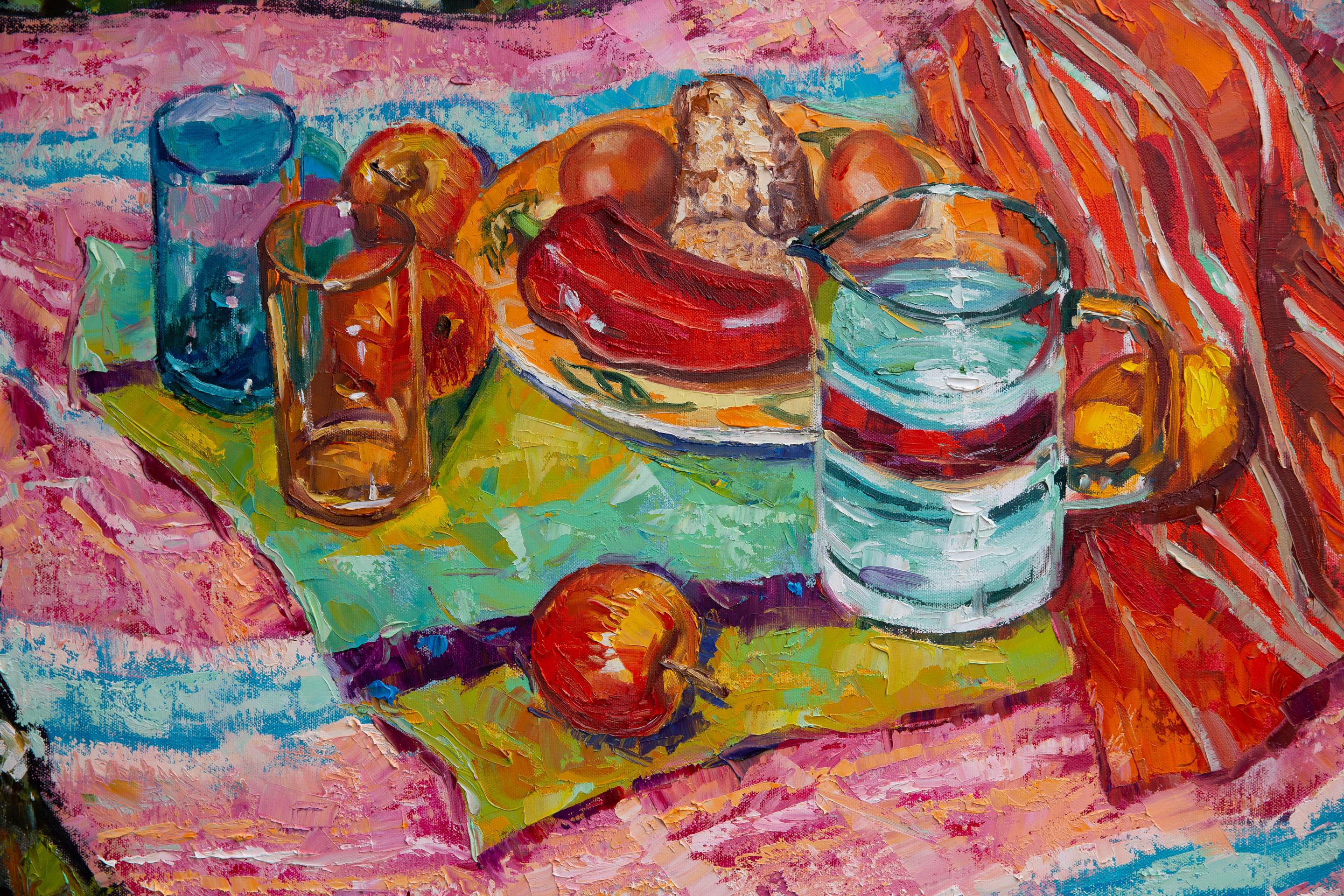 Picnic on the Grass. Still life with flowers, fruits, horizontal, ready to hang For Sale 1