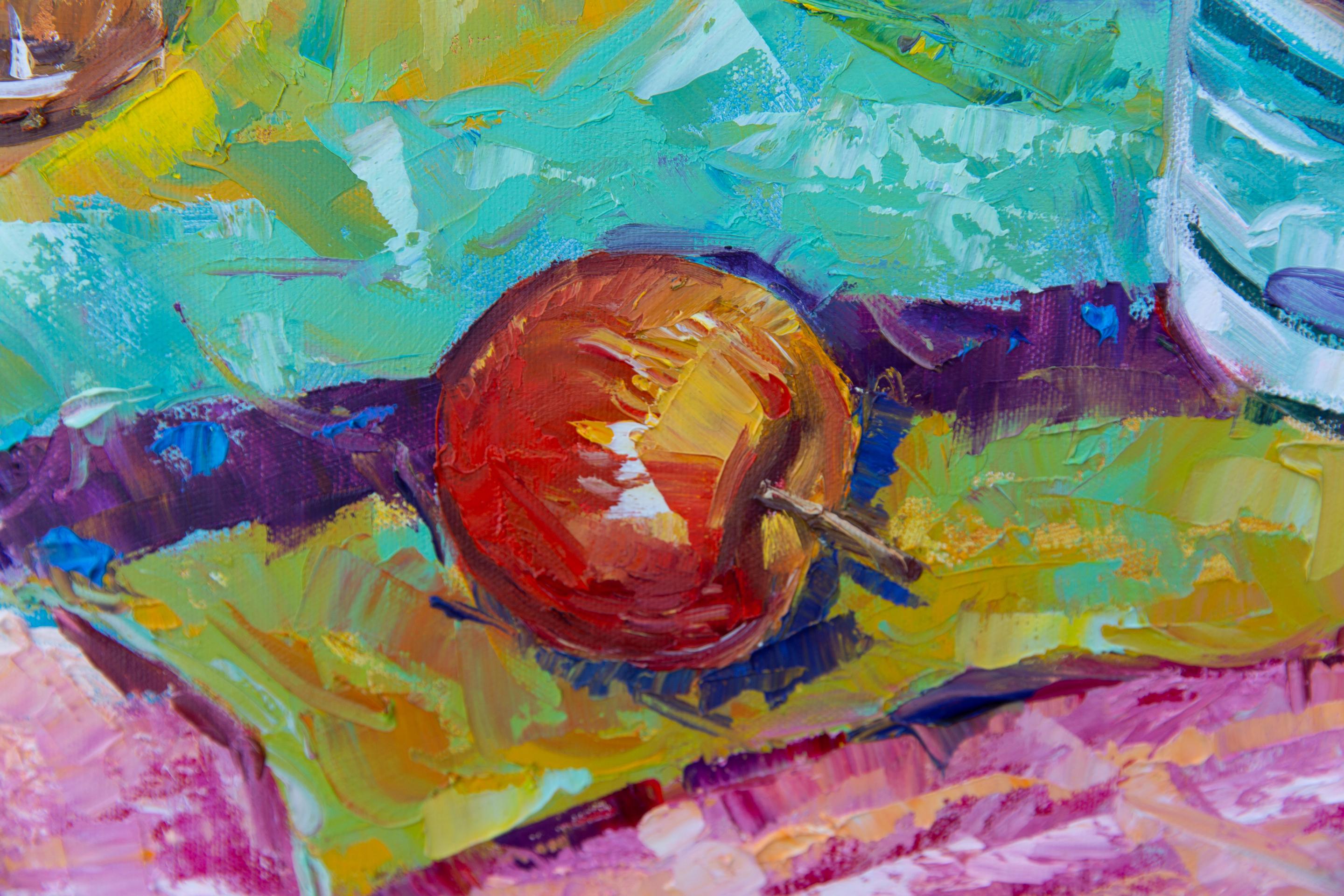 Picnic on the Grass. Still life with flowers, fruits, horizontal, ready to hang For Sale 3