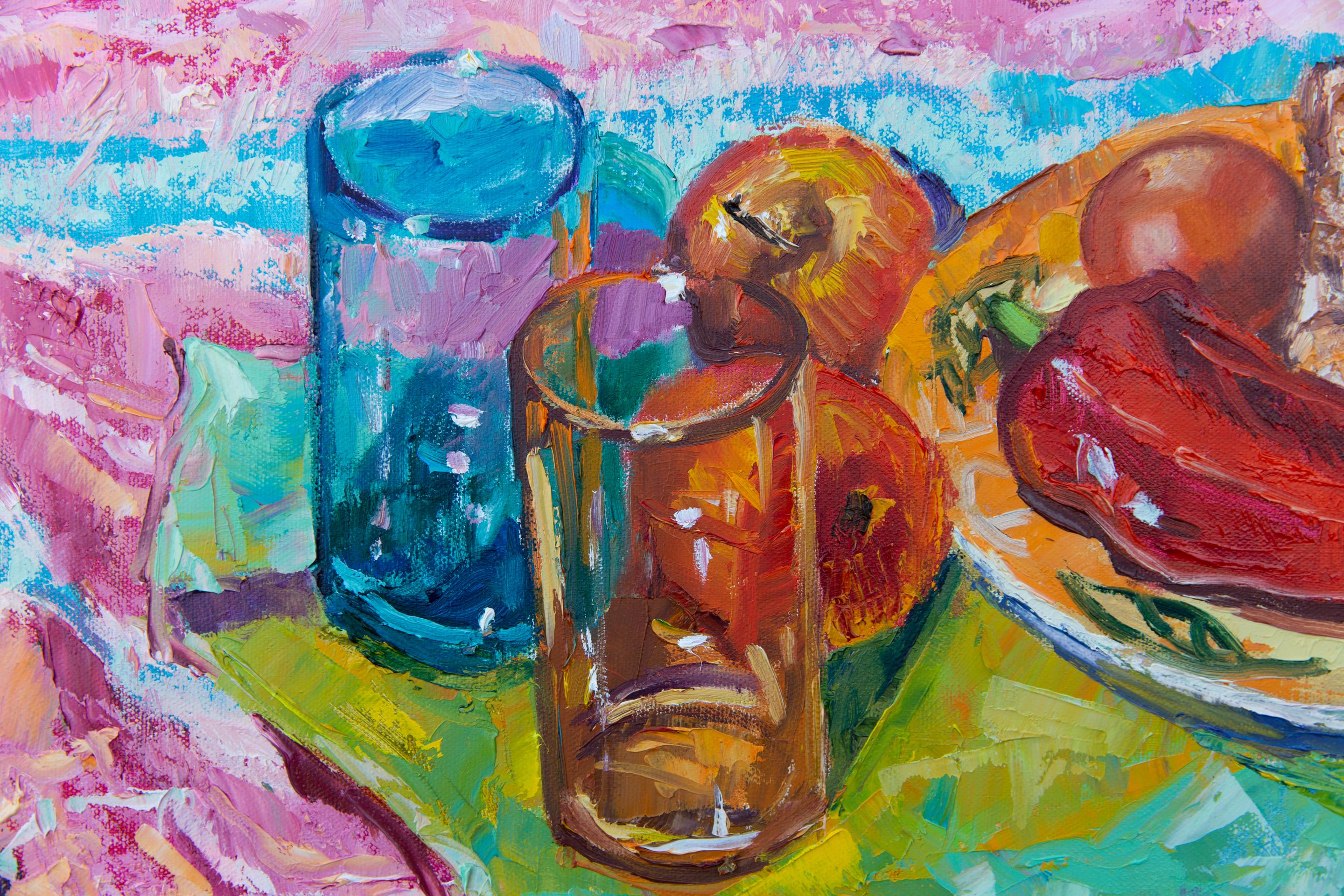 Picnic on the Grass. Still life with flowers, fruits, horizontal, ready to hang For Sale 4