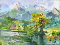 Pine Tree On The Riverbank. Small, horizontal landscape, plain air, Switzerland