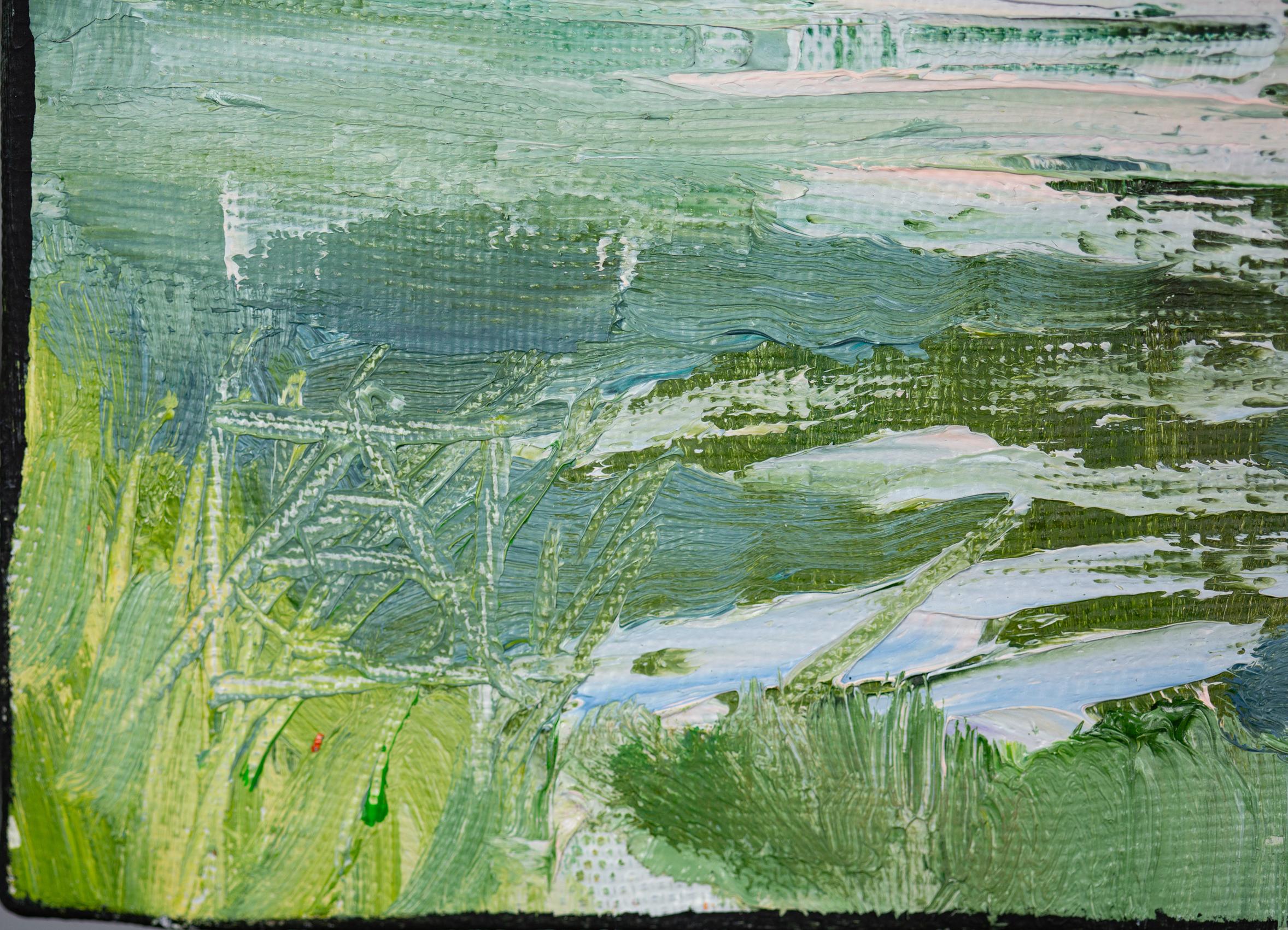 Pino en la orilla del río. Pequeño paisaje horizontal, Suiza - Painting Posimpresionista de Anna Shesterikova