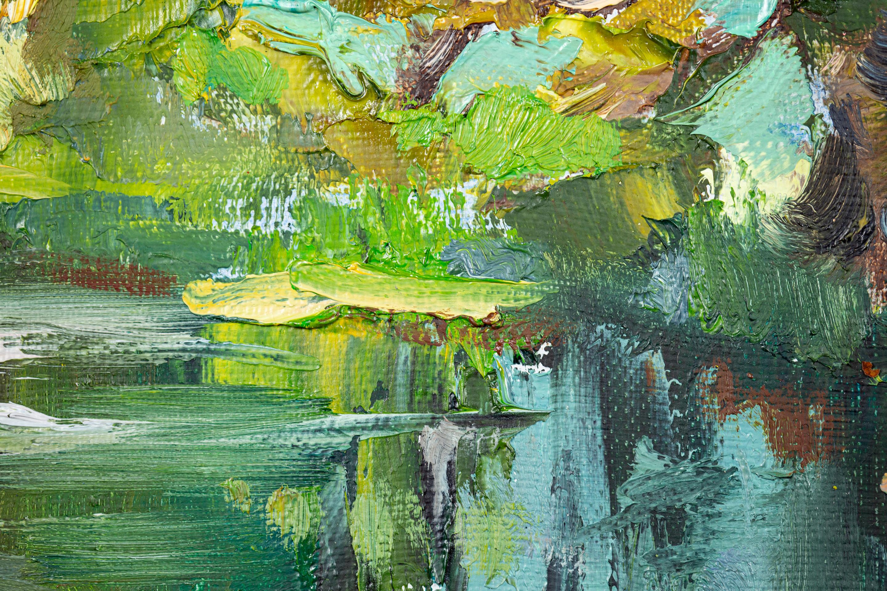 Pino en la orilla del río. Pequeño paisaje horizontal, Suiza en venta 2