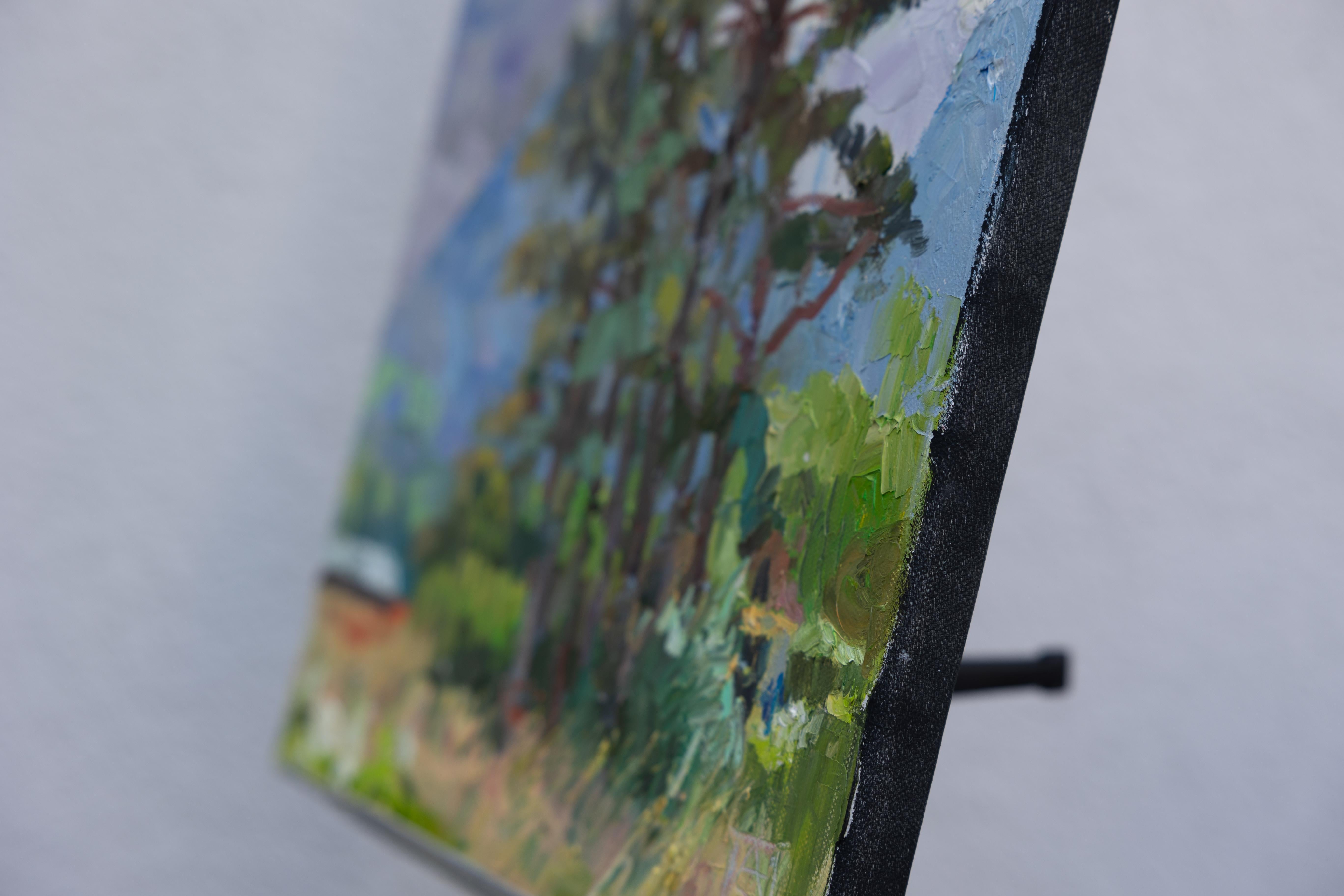 Pine Trees. Heuwiese, Weite. Square, impressionism, landscape, oil, forest - Painting by Anna Shesterikova