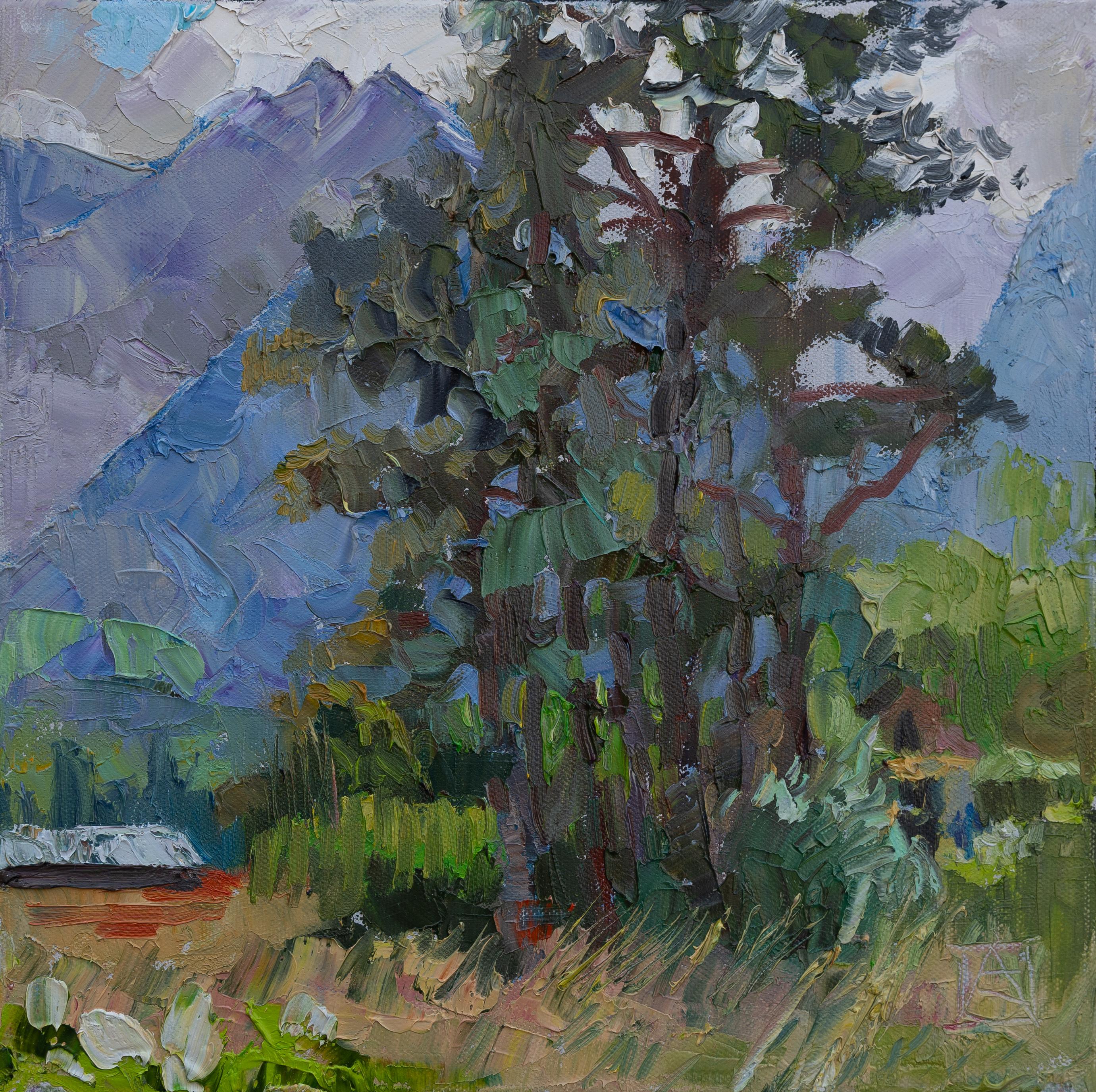 Tannenbäume. Heuwiese, Weite. Quadratischer Quadrat, Impressionismus, Landschaft, Öl, Wald